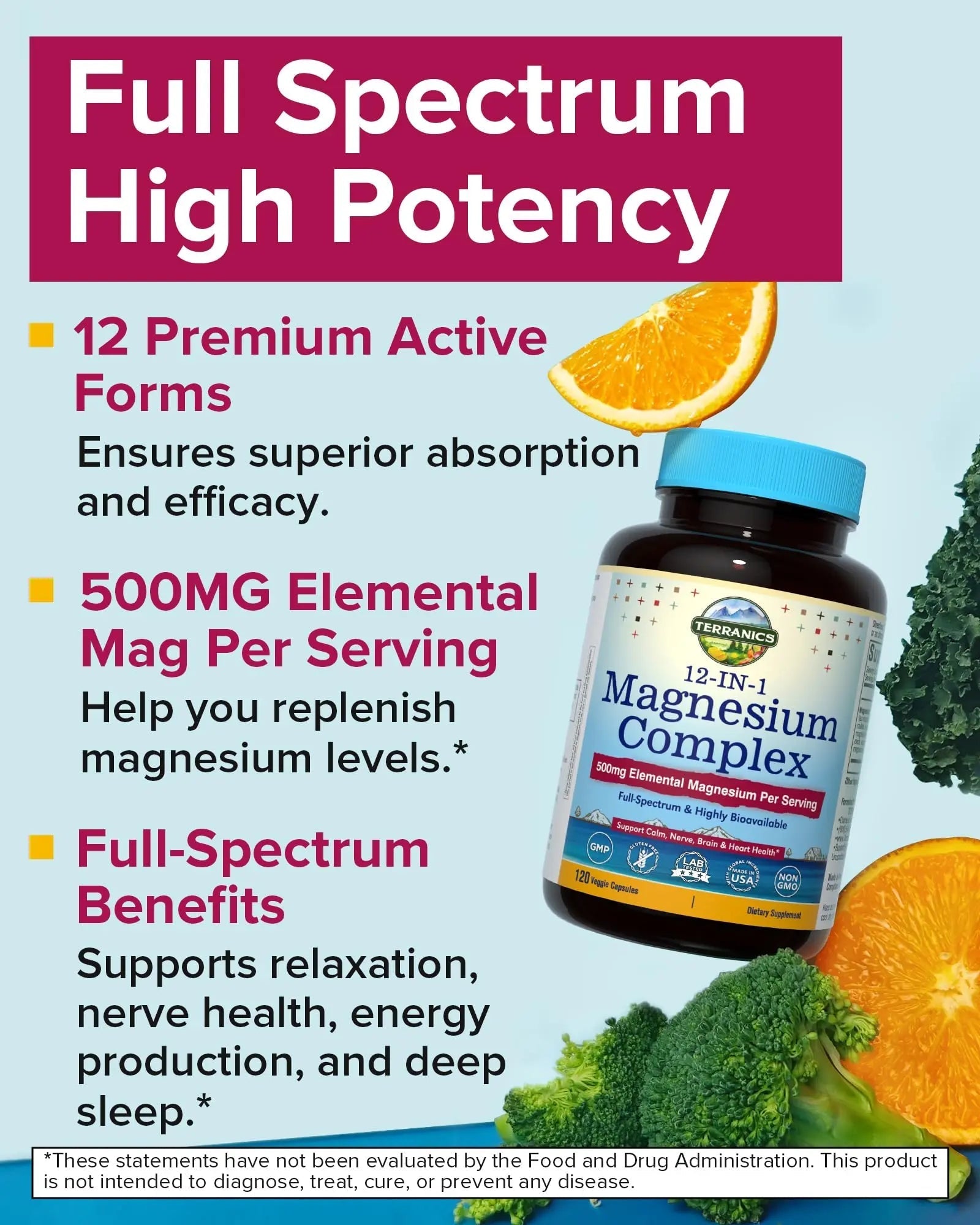Terranics 12-in-1 Magnesium Complex 500mg, High Absorption Chelated Magnesium Glycinate, Citrate, Malate, Taurate, Orotate & More, for Sleep, Calm, Energy, Heart, Vegan, Non-GMO,120 Capsules - TrustMedUSA