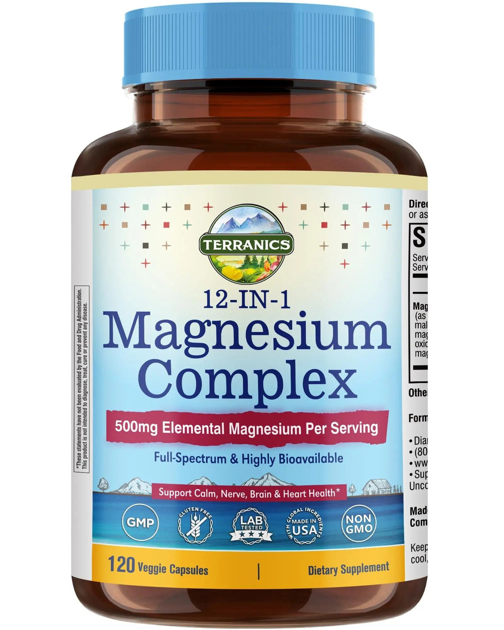 Terranics 12-in-1 Magnesium Complex 500mg, High Absorption Chelated Magnesium Glycinate, Citrate, Malate, Taurate, Orotate & More, for Sleep, Calm, Energy, Heart, Vegan, Non-GMO,120 Capsules - TrustMedUSA