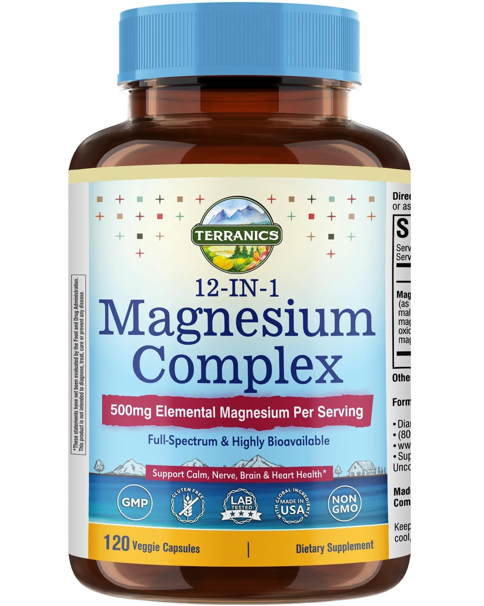 Terranics 12-in-1 Magnesium Complex 500mg, High Absorption Chelated Magnesium Glycinate, Citrate, Malate, Taurate, Orotate & More, for Sleep, Calm, Energy, Heart, Vegan, Non-GMO,120 Capsules - TrustMedUSA