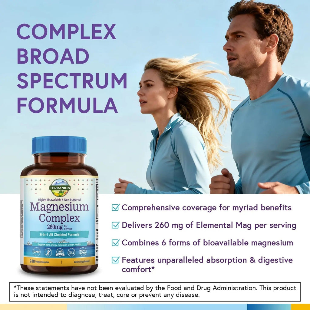 Terranics Magnesium Complex, 6-in-1, High Absorption, Glycinate, Citrate, Aspartate, Gluconate, Calmness, Heart, Bone, 240 Capsules, Non-Buffered - TrustMedUSA