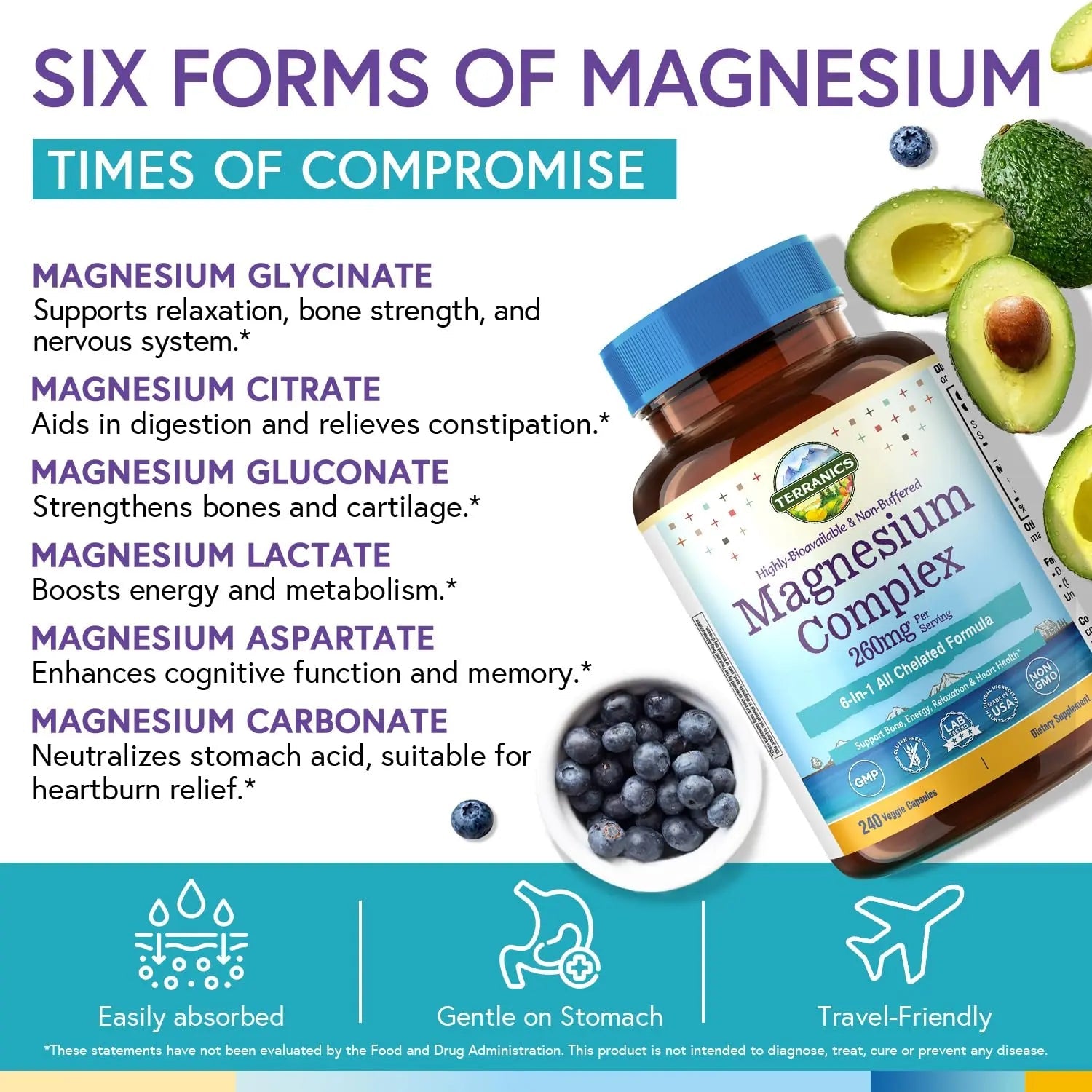 Terranics Magnesium Complex, 6-in-1, High Absorption, Glycinate, Citrate, Aspartate, Gluconate, Calmness, Heart, Bone, 240 Capsules, Non-Buffered - TrustMedUSA