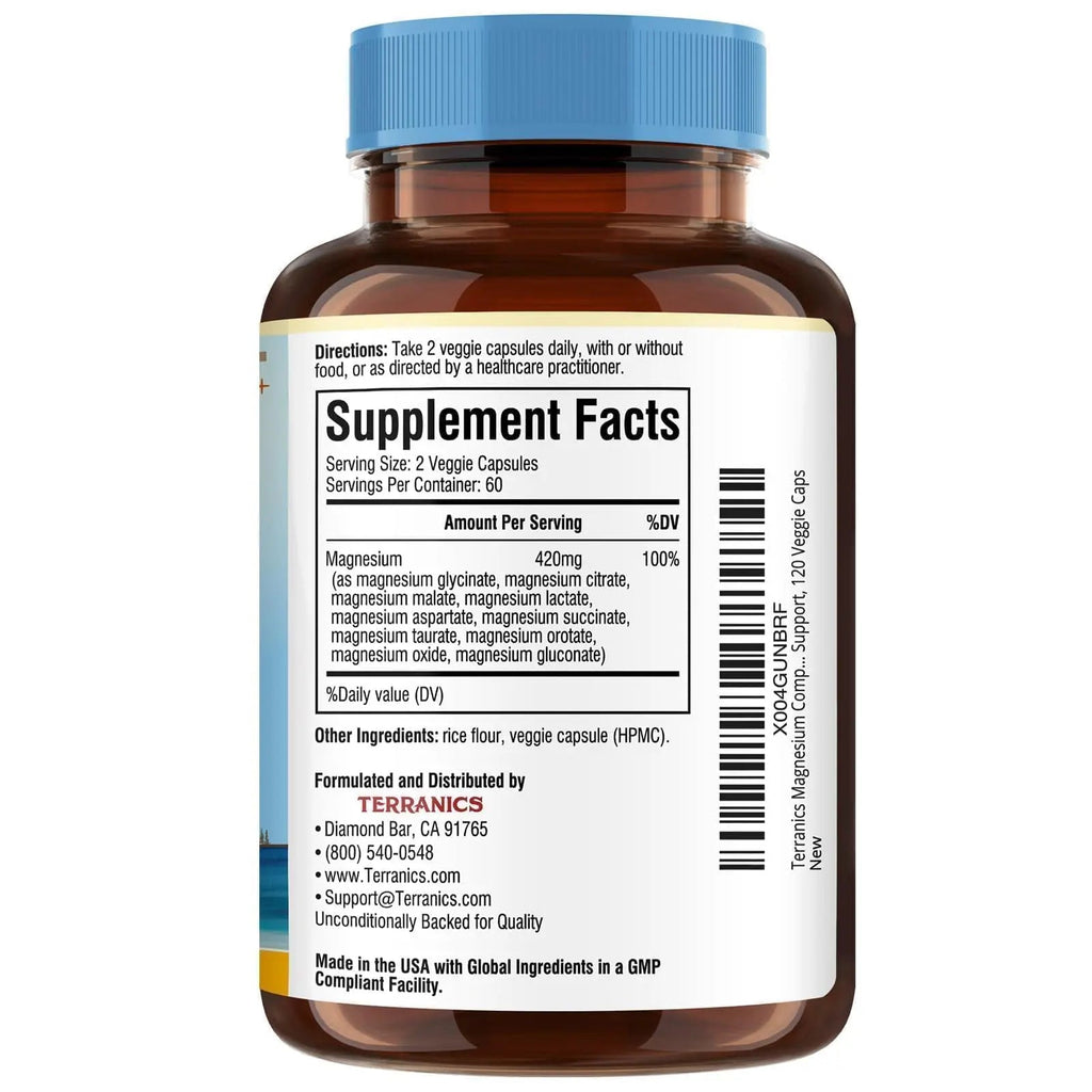 Terranics Magnesium Complex Supplement 420mg, 10-in-1 Full-Spectrum Formula, Glycinate, Citrate, Malate & More, Max Absorption, Bone and Heart Support, 120 Veggie Caps - TrustMedUSA