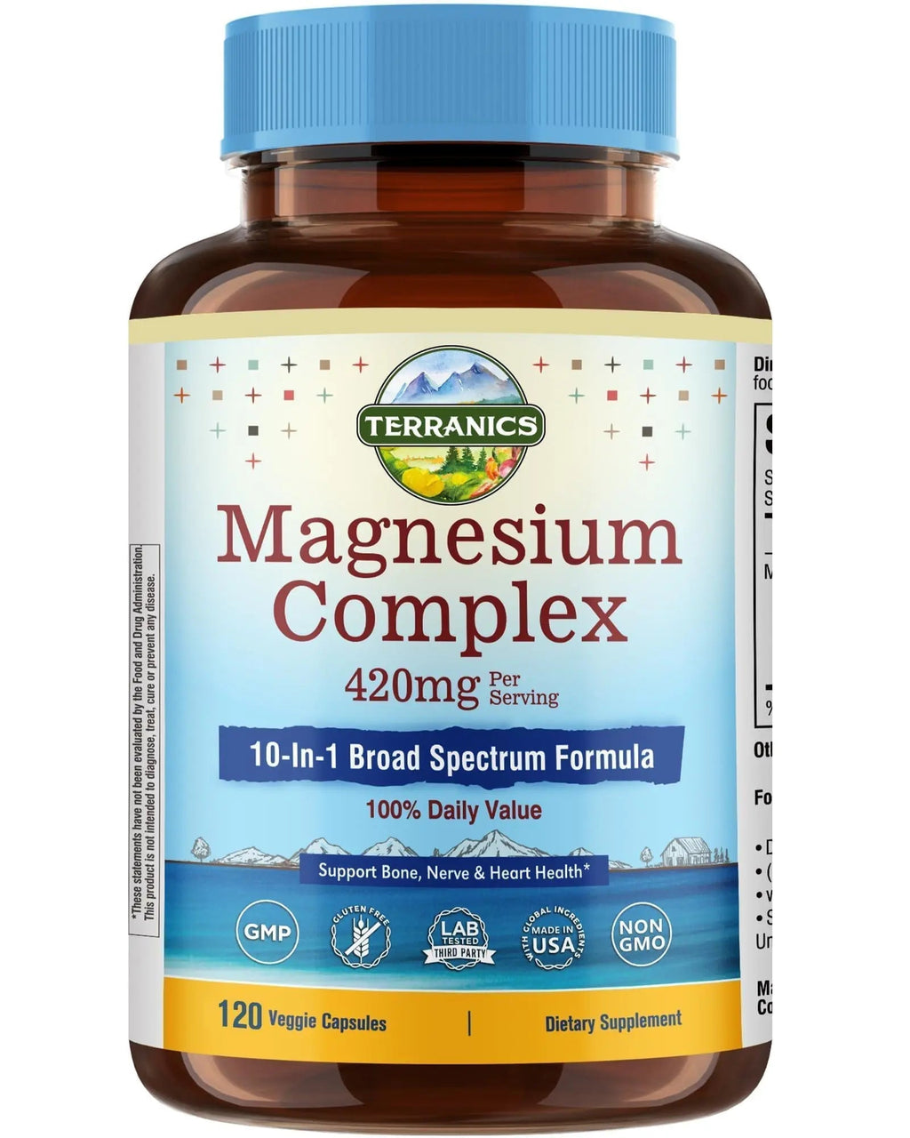 Terranics Magnesium Complex Supplement 420mg, 10-in-1 Full-Spectrum Formula, Glycinate, Citrate, Malate & More, Max Absorption, Bone and Heart Support, 120 Veggie Caps - TrustMedUSA