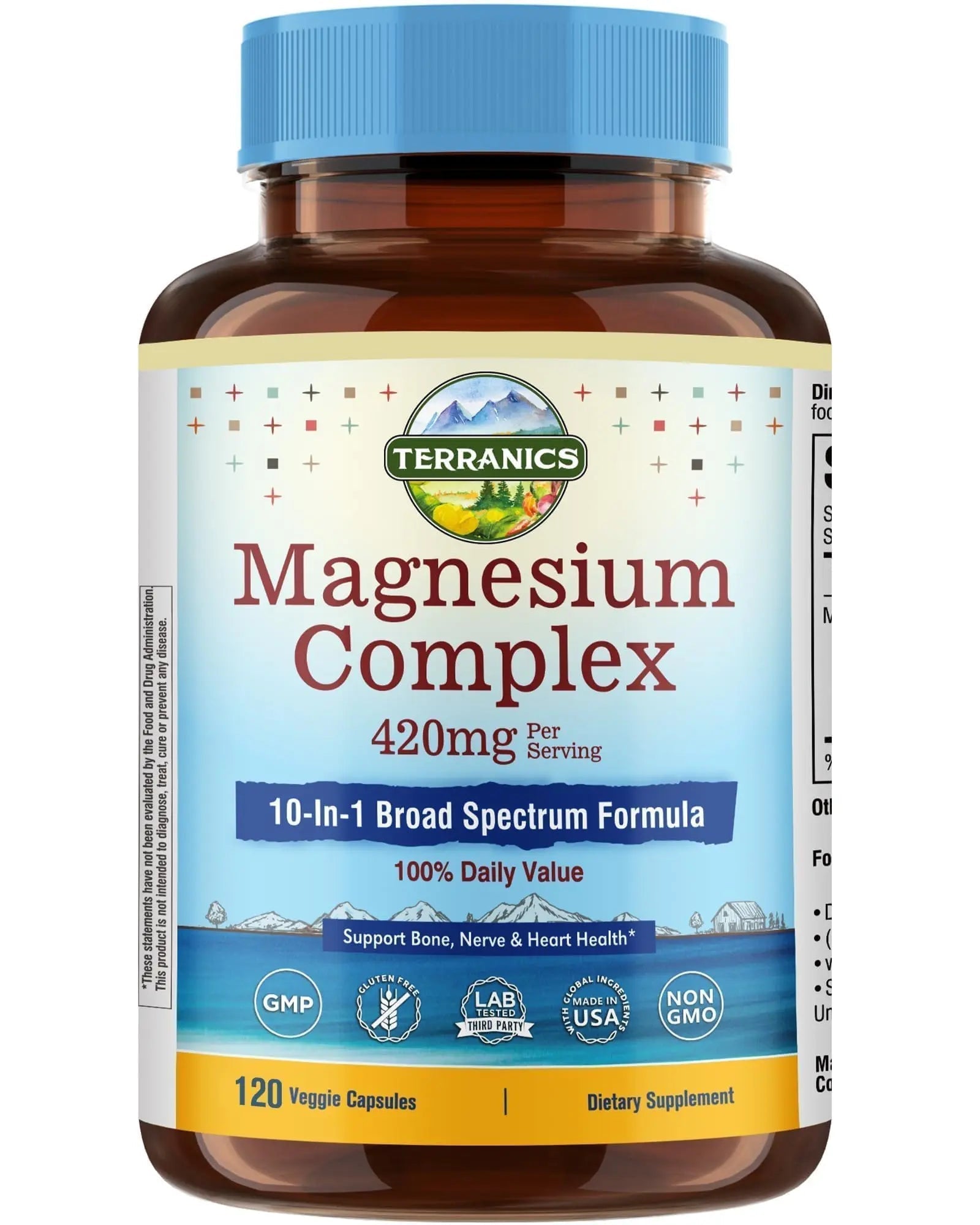 Terranics Magnesium Complex Supplement 420mg, 10-in-1 Full-Spectrum Formula, Glycinate, Citrate, Malate & More, Max Absorption, Bone and Heart Support, 120 Veggie Caps - TrustMedUSA