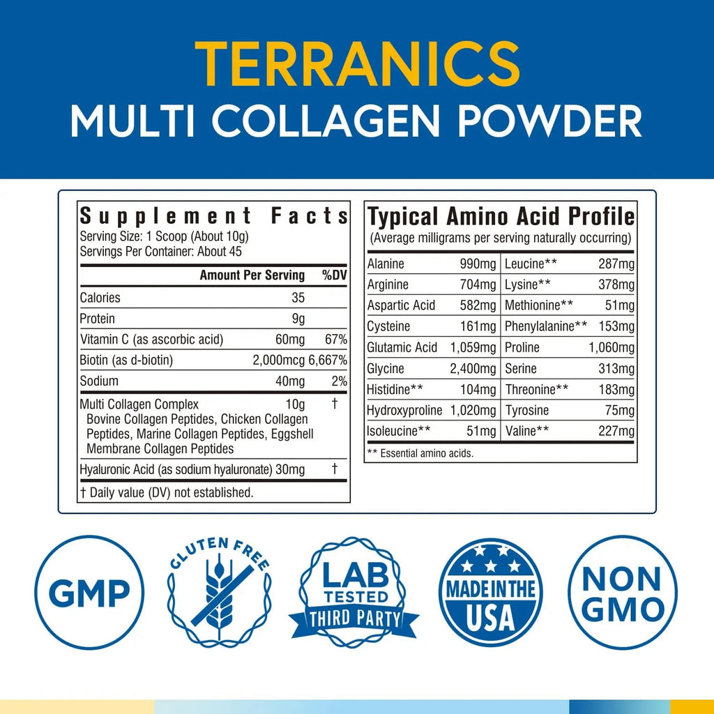 Terranics Multi Collagen Powder Type I II II V X with Biotin VC Hyaluronic Acid, Paleo - TrustMedUSA