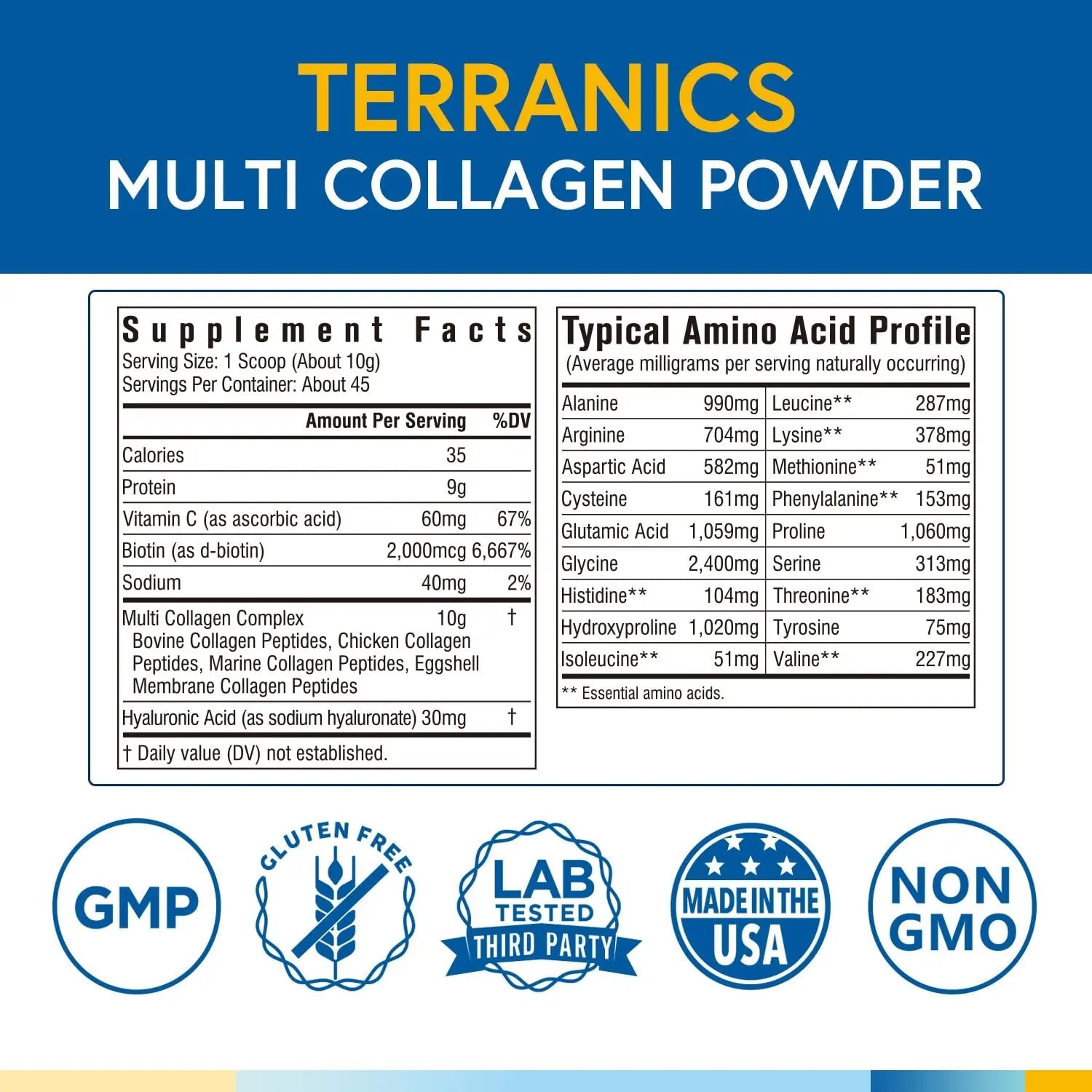 Terranics Multi Collagen Powder Type I II II V X with Biotin VC Hyaluronic Acid, Paleo - TrustMedUSA