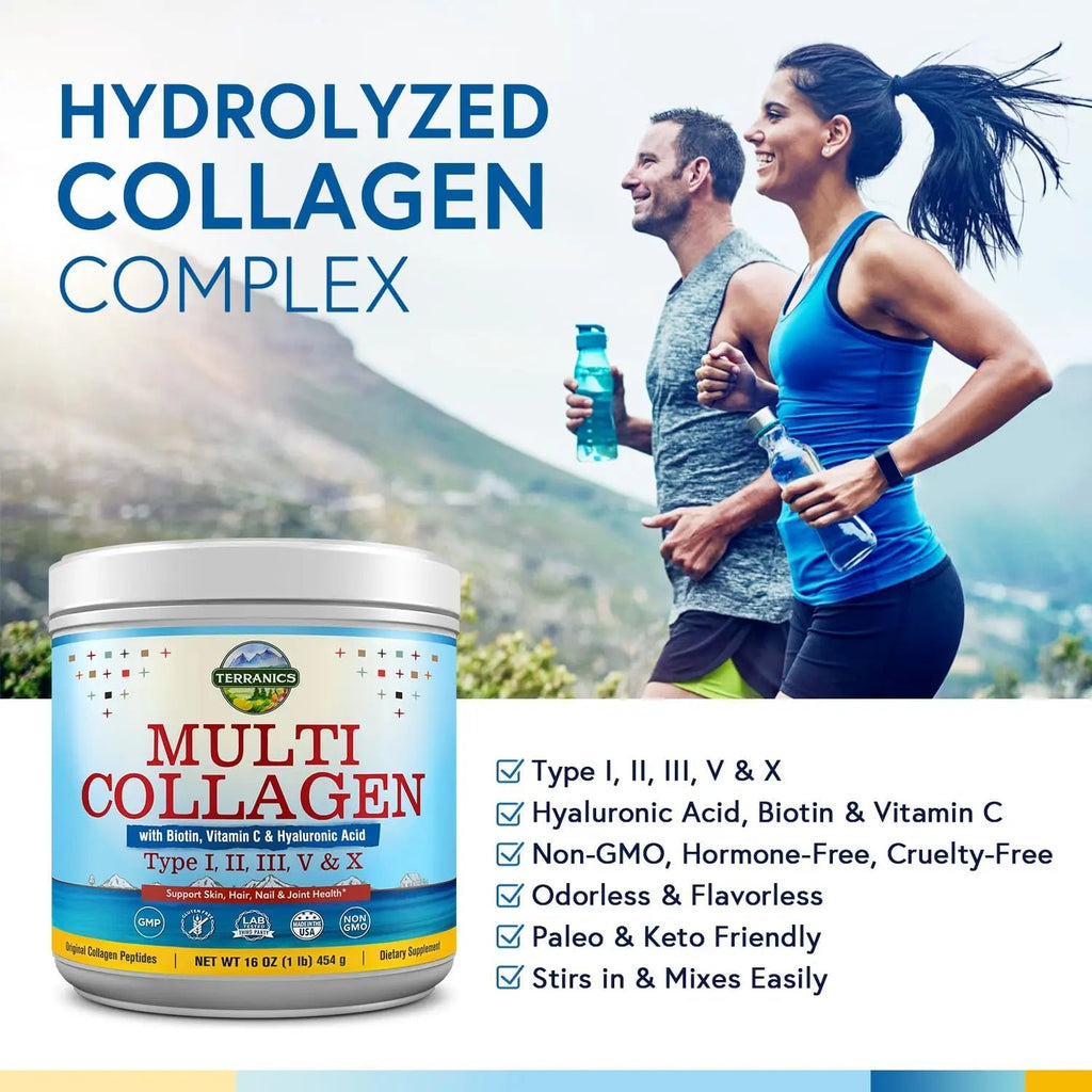 Terranics Multi Collagen Powder Type I II II V X with Biotin VC Hyaluronic Acid, Paleo - TrustMedUSA