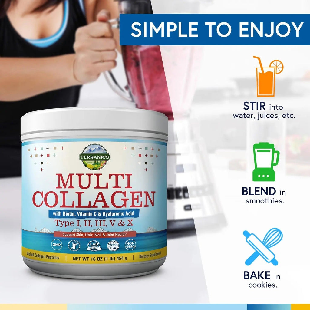Terranics Multi Collagen Powder Type I II II V X with Biotin VC Hyaluronic Acid, Paleo - TrustMedUSA