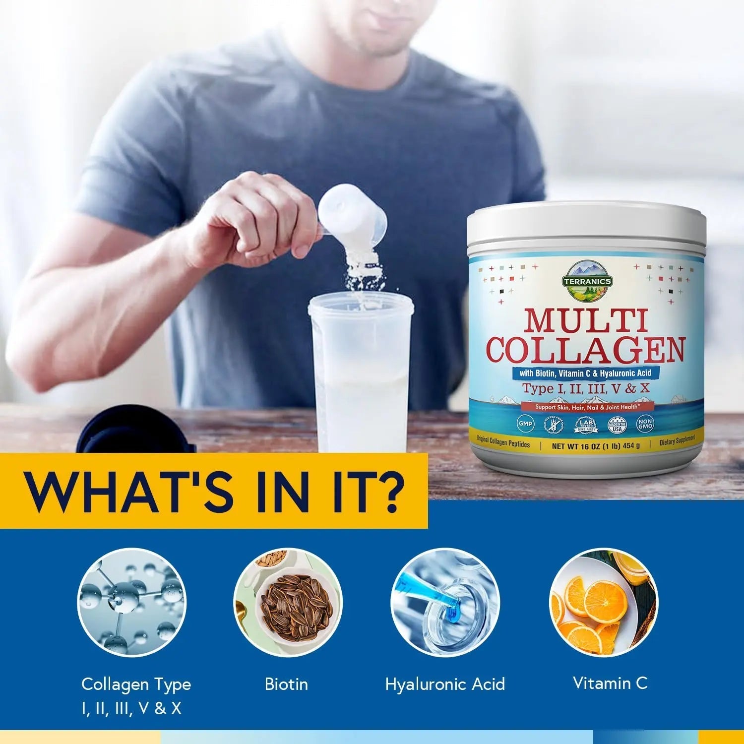 Terranics Multi Collagen Powder Type I II II V X with Biotin VC Hyaluronic Acid, Paleo - TrustMedUSA