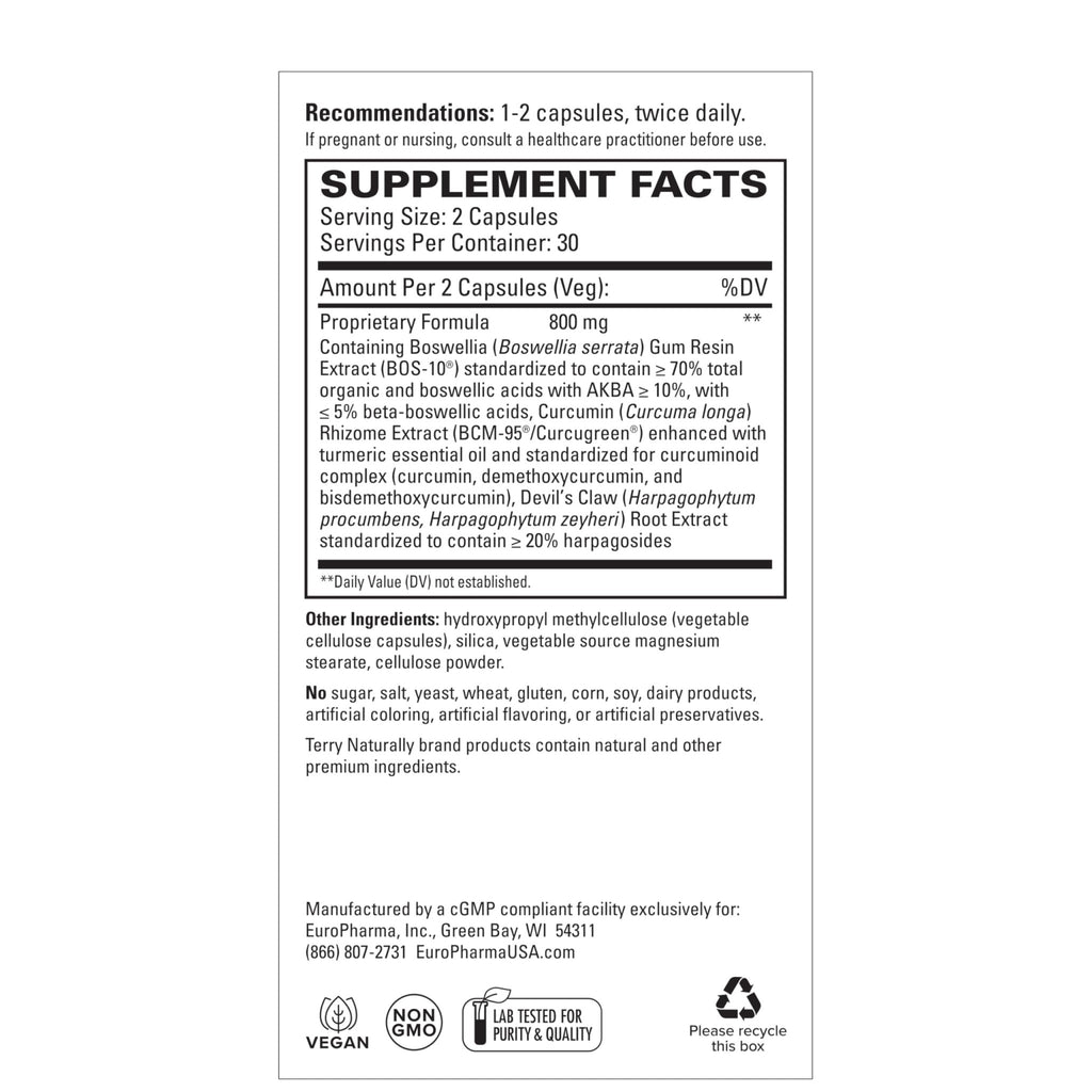 Terry Naturally Arthocin - Boswellia Serrata Capsules with Devil's Claw & Curcumin - Supplement to Support Joint & Spine Health - Herbal Supplement Aids Comfort & Absorption - 60 Capsules - TrustMedUSA