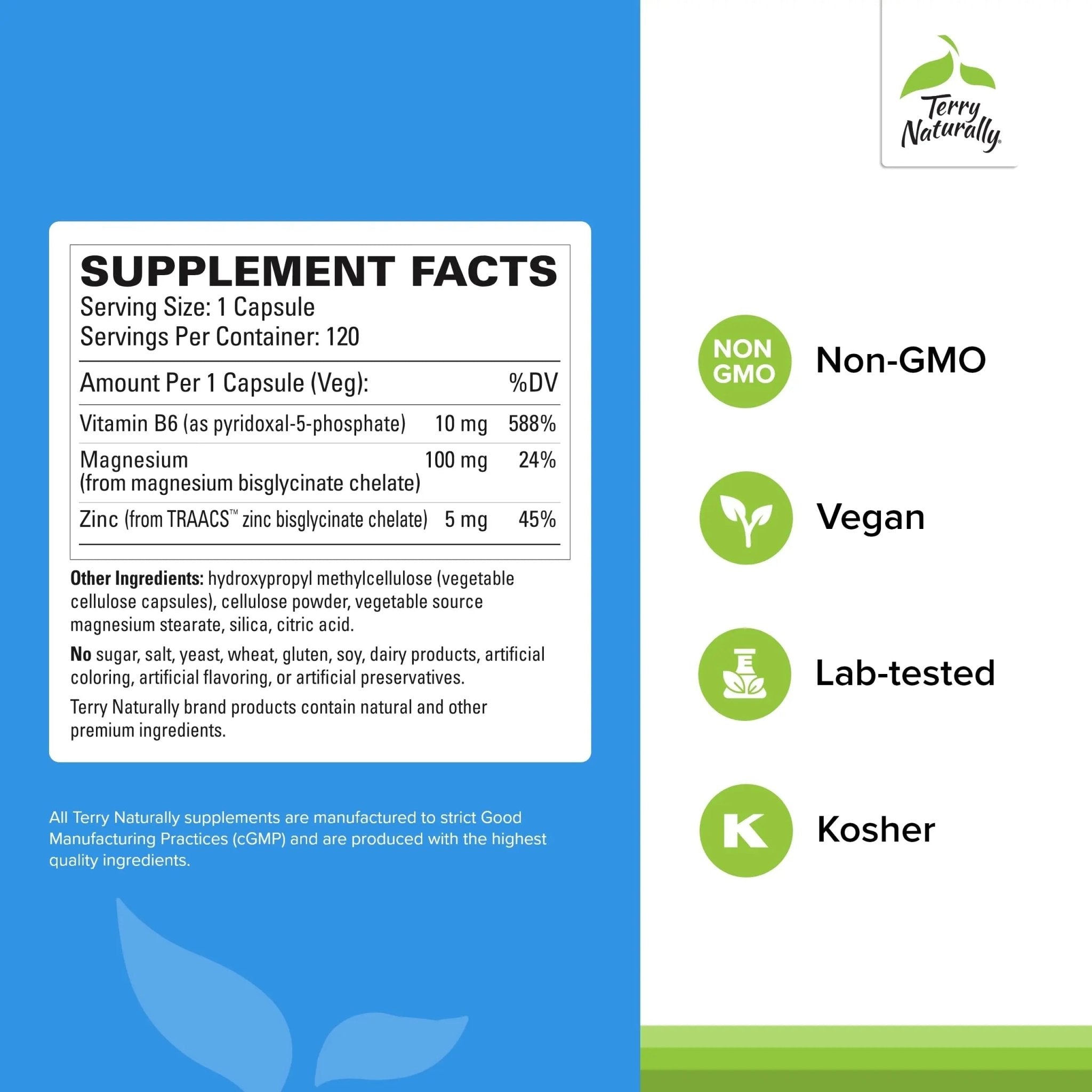 Terry Naturally BioActive Magnesium Complex - Bone & Heart Health Support - Supplement with Vitamin B6, Zinc & Magnesium - Pyridoxal-5-Phosphate Vegan Capsule Supplement - 120 Capsules - TrustMedUSA