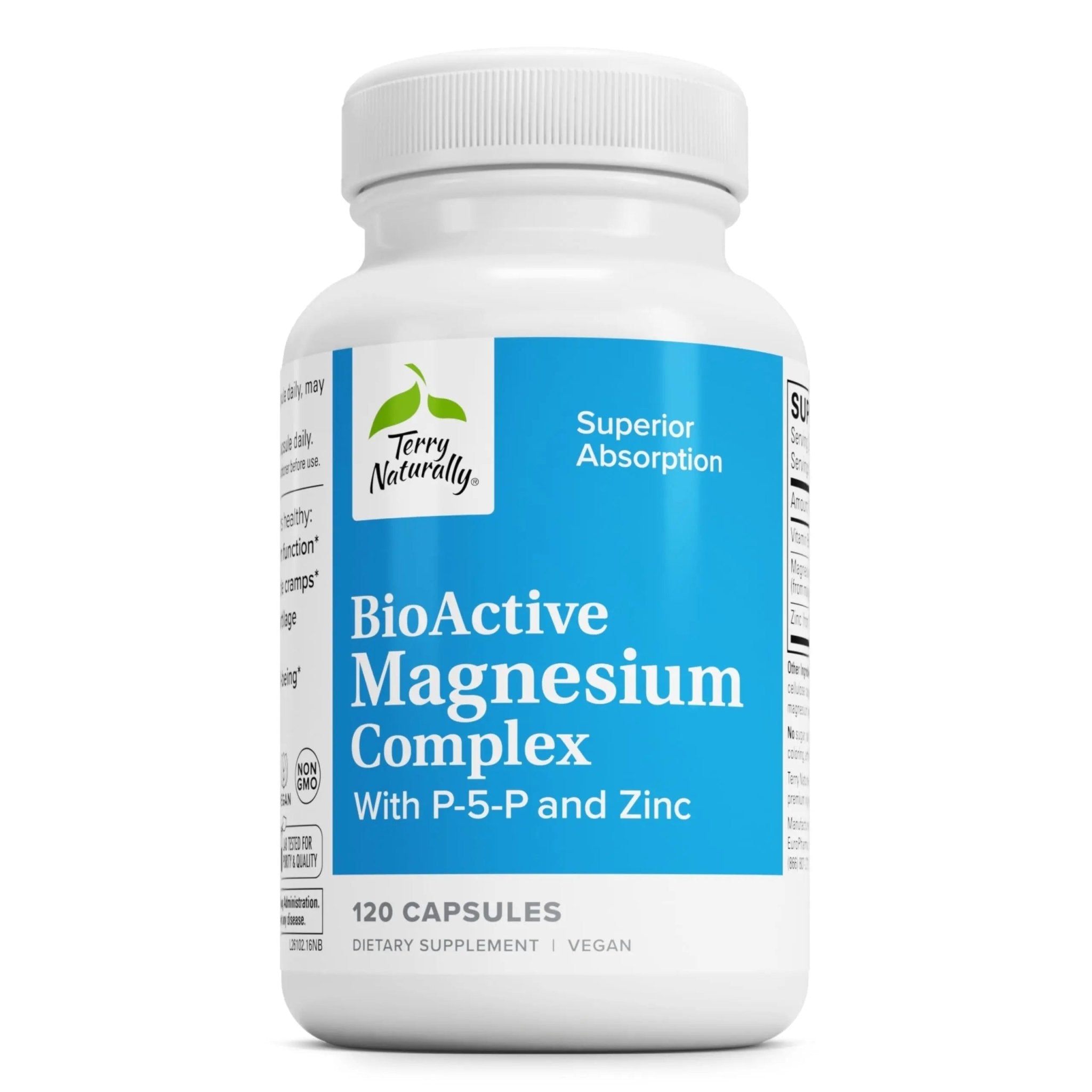 Terry Naturally BioActive Magnesium Complex - Bone & Heart Health Support - Supplement with Vitamin B6, Zinc & Magnesium - Pyridoxal-5-Phosphate Vegan Capsule Supplement - 120 Capsules - TrustMedUSA