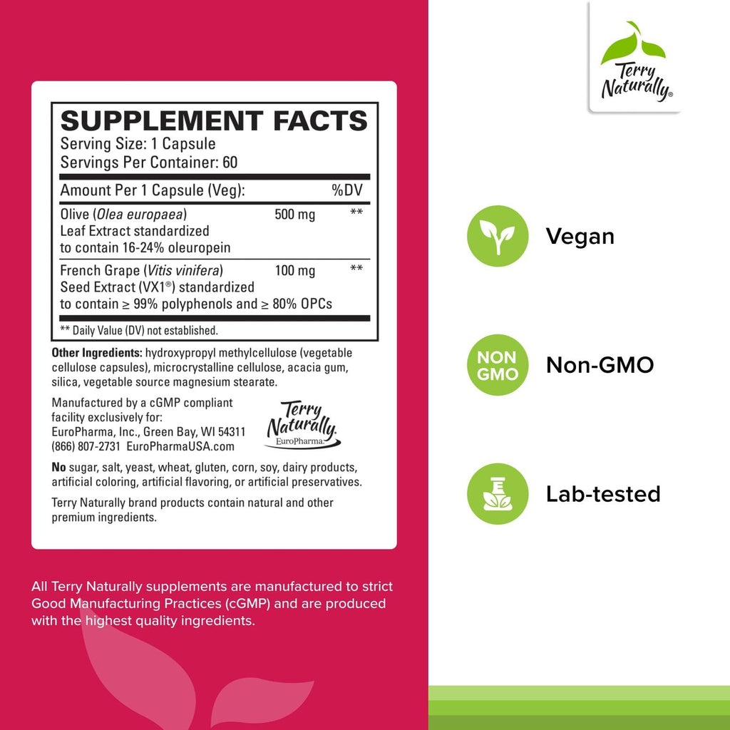Terry Naturally Blood Pressure Health - Healthy Blood Flow & Circulation Support Supplement - Heart Health Supplement with Antioxidants - Cardiovascular Support - 60 Capsules - TrustMedUSA