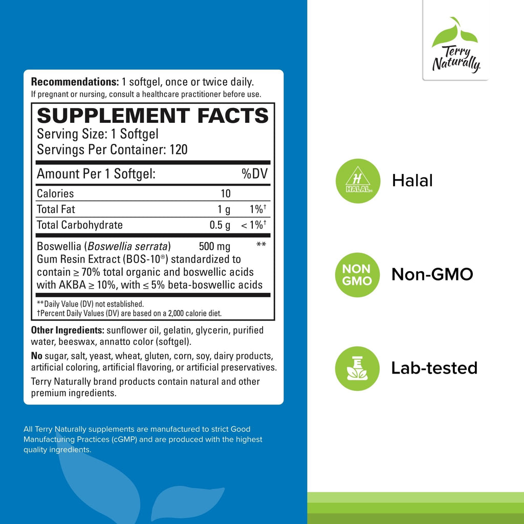 Terry Naturally BosMed 500 Extra Strength - Boswellia Serrata Extract Supplement - Supplement for Healthy Lung Support - Herbal Supplement Formula with High Levels of AKBA - 120 Softgels - TrustMedUSA
