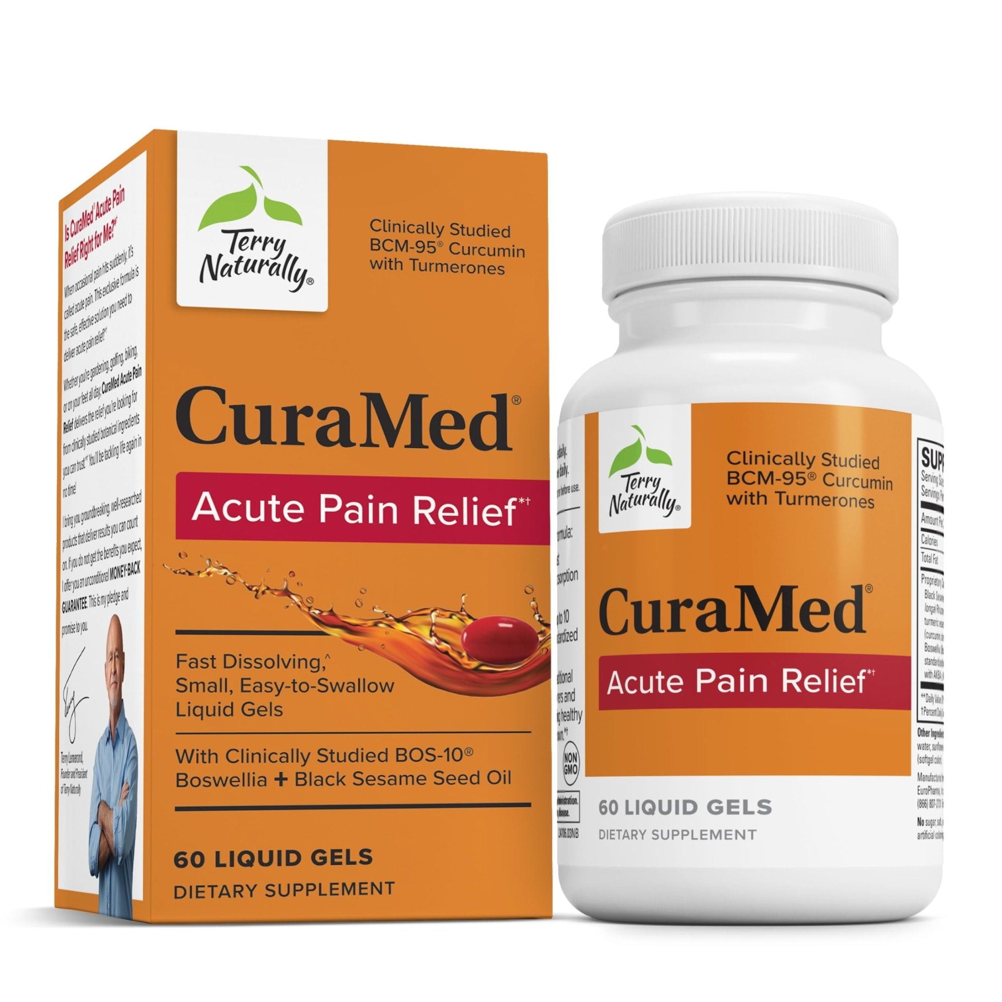 Terry Naturally CuraMed Acute Pain Relief - Supplement with BCM-95 Curcumin & BOS-10 Boswellia - Black Sesame Seed Oil to Support Relief of Occasional Discomfort - 60 Liquid Gels - TrustMedUSA