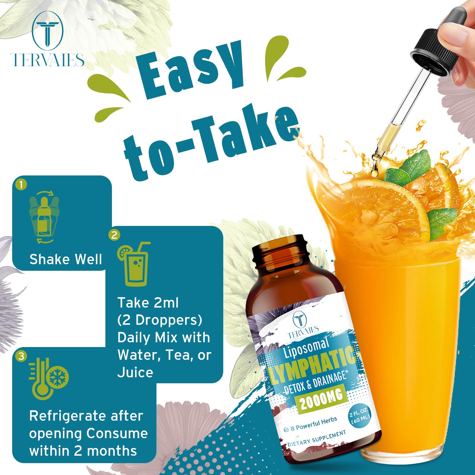 Tervaies Liposomal Lymphatic Drainage Drops 2000mg – Herbal Blend with Elderberry & Echinacea – 2 FL OZ - Maple Wellness Supplements
