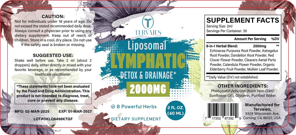 Tervaies Liposomal Lymphatic Drainage Drops 2000mg – Herbal Blend with Elderberry & Echinacea – 2 FL OZ - Maple Wellness Supplements