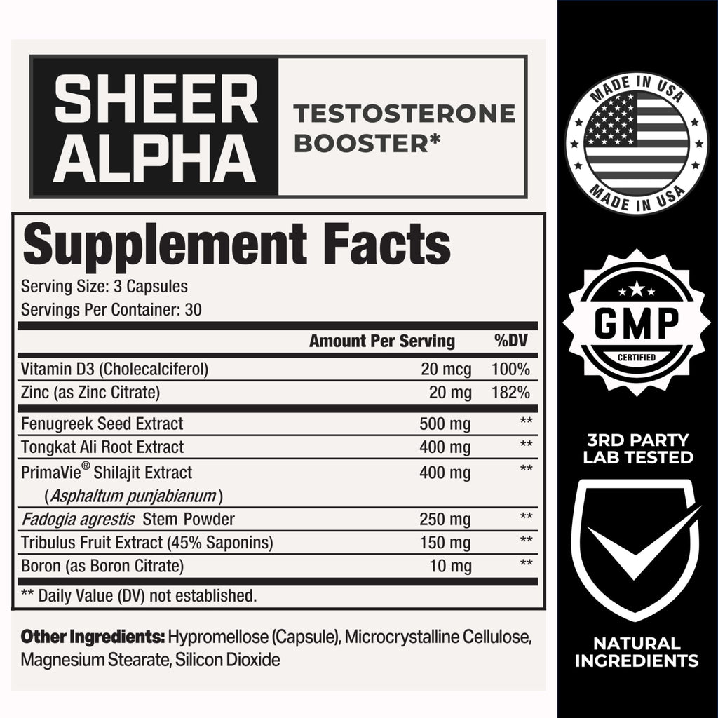 Testosterone Booster for Men - Sheer Alpha T-Booster - Clinically Backed Dose, Strongest Formula - Made in USA - Premium Blend of Fadogia Agrestis Tongkat Ali and Shilajit. 30 Servings - TrustMedUSA