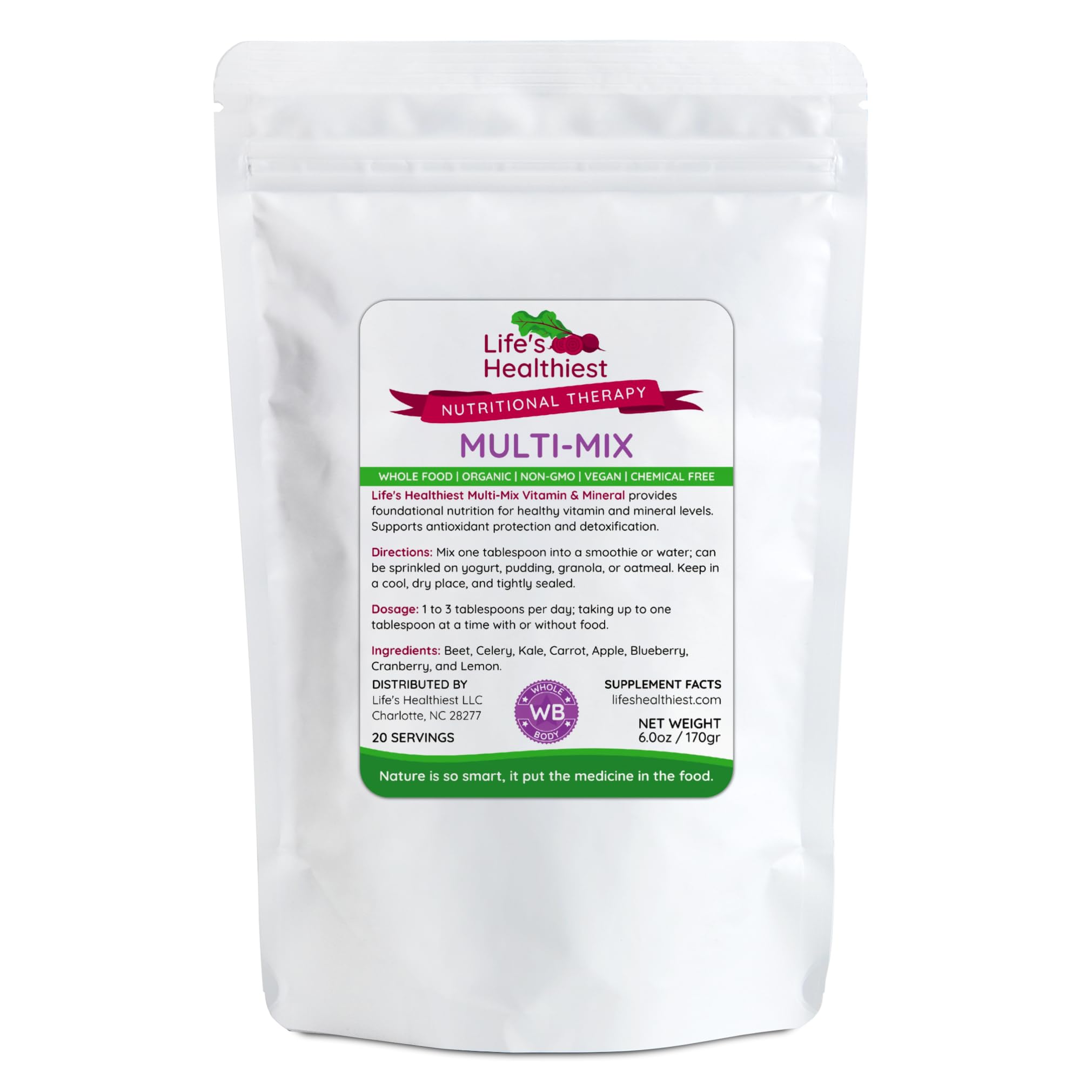 The Beet Lady Life's Healthiest Multi Mix Vitamin & Mineral Whole Food Therapy Blend with Real Fruit & Vegetables. Organic, Plant-Based, Non-GMO. 6 oz - TrustMedUSA