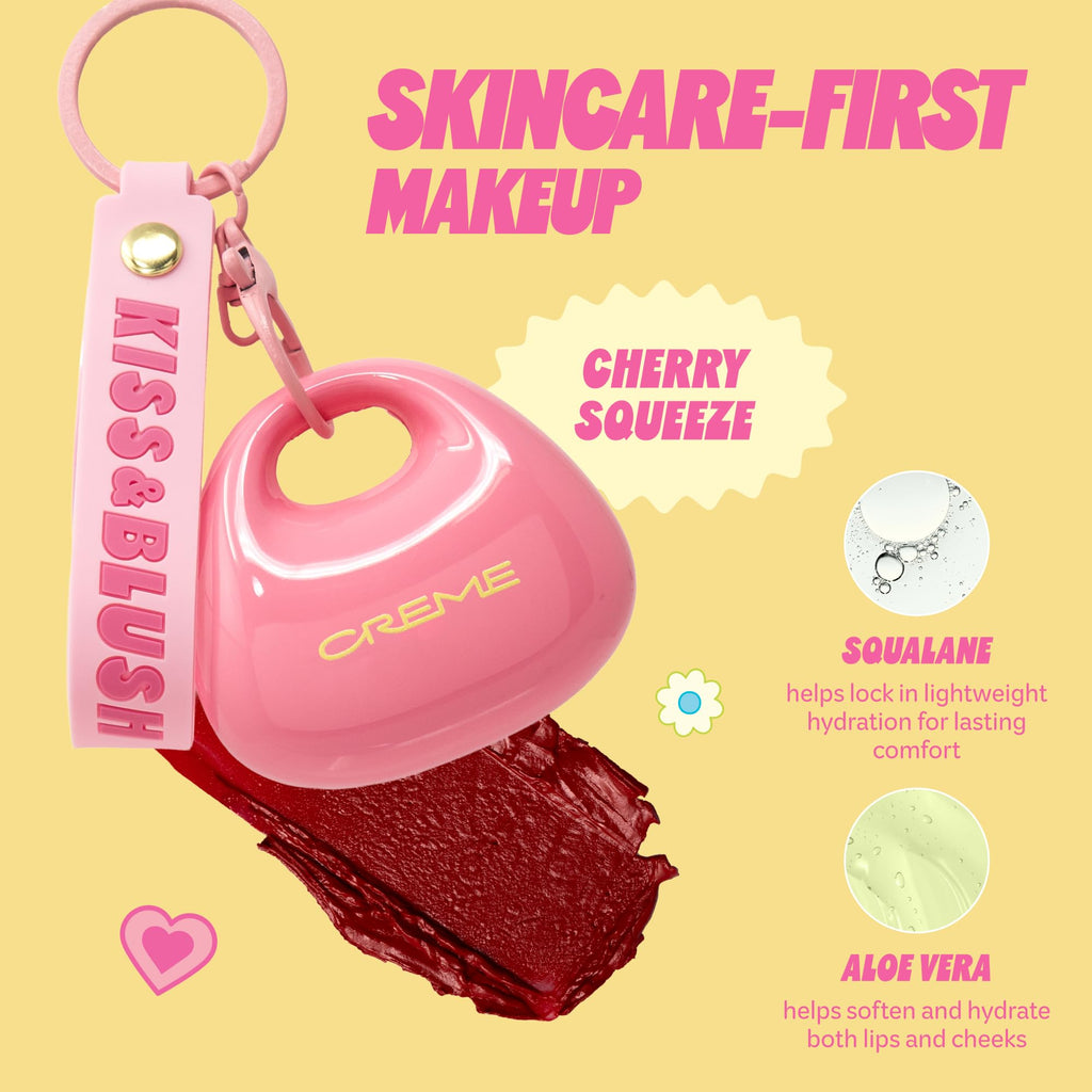 The Crème Shop Kiss & Blush Tinted Lip Balm & Blush, Korean Makeup for Lips & Cheeks, Cute Charm Key Chain, Hydrating, Long Lasting Tint, Aloe, Squalane (Cherry Squeeze) - TrustMedUSA