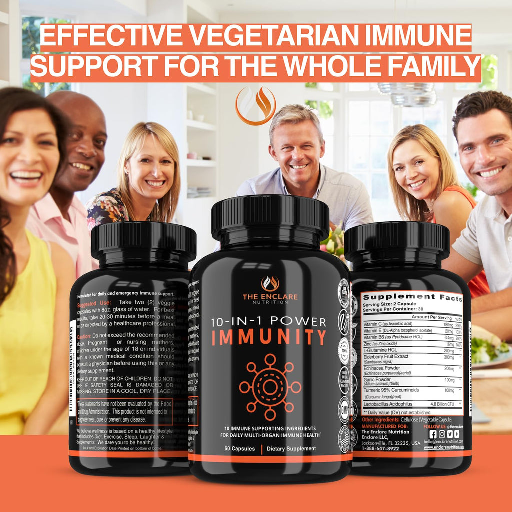 THE ENCLARE NUTRITION 10 in 1 Immune Support Booster Supplement with Echinacea, Vitamin C and Zinc, Turmeric, Ginger, B6, Elderberry for Adults Immunity Defense Vitamins, Made in USA Veg Cap 60 Ct (1) - Maple Wellness Supplements