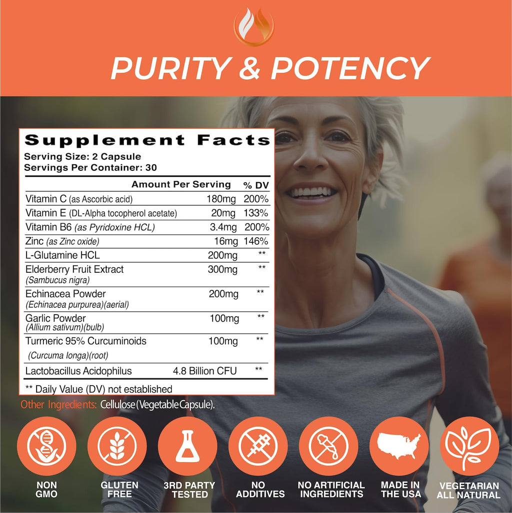 THE ENCLARE NUTRITION 10 in 1 Immune Support Booster Supplement with Echinacea, Vitamin C and Zinc, Turmeric, Ginger, B6, Elderberry for Adults Immunity Defense Vitamins, Made in USA Veg Cap 60 Ct (1) - Maple Wellness Supplements