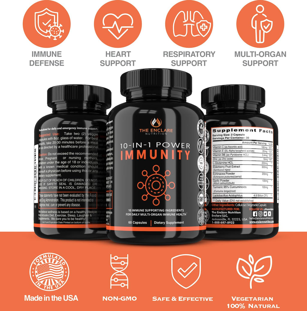 THE ENCLARE NUTRITION 10 in 1 Immune Support Booster Supplement with Echinacea, Vitamin C and Zinc, Turmeric, Ginger, B6, Elderberry for Adults Immunity Defense Vitamins, Made in USA Veg Cap 60 Ct (1) - Maple Wellness Supplements