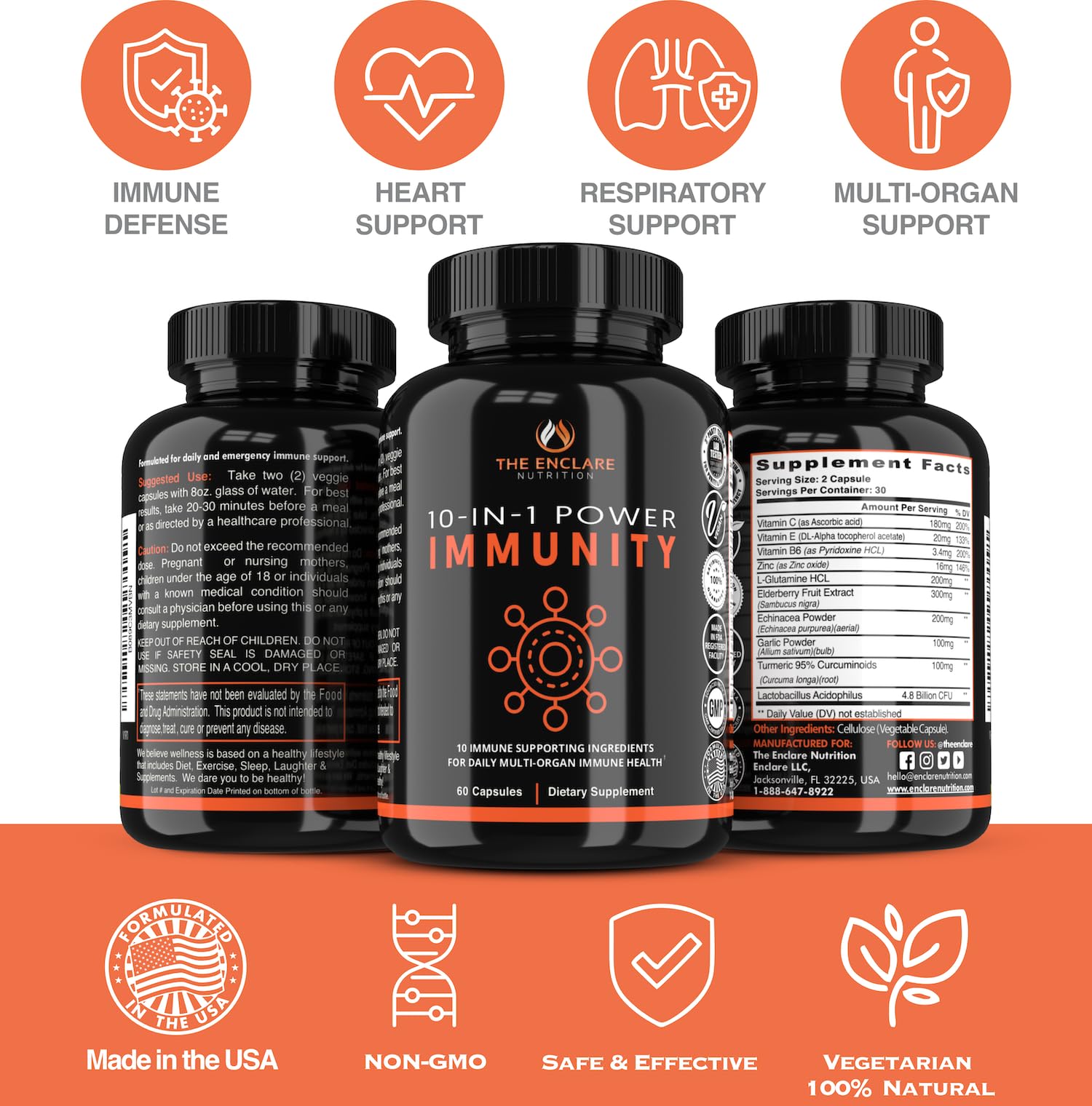 THE ENCLARE NUTRITION 10 in 1 Immune Support Booster Supplement with Echinacea, Vitamin C and Zinc, Turmeric, Ginger, B6, Elderberry for Adults Immunity Defense Vitamins, Made in USA Veg Cap 60 Ct (1) - Maple Wellness Supplements