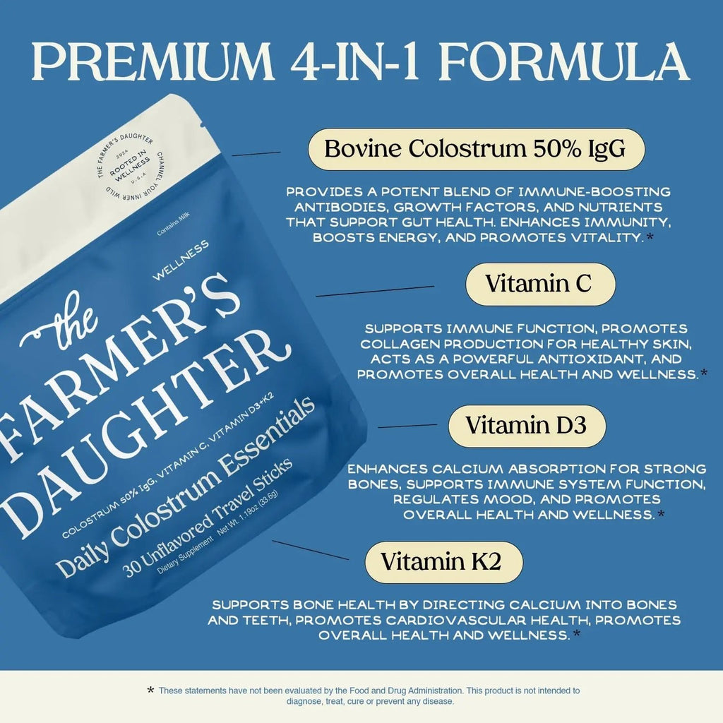 THE FARMER'S DAUGHTER Colostrum Powder | Unflavored | Gut Health & Bloating | Hair, Skin & Nails | Immunity Supplement | 30 Individual Travel Stick Packs - TrustMedUSA