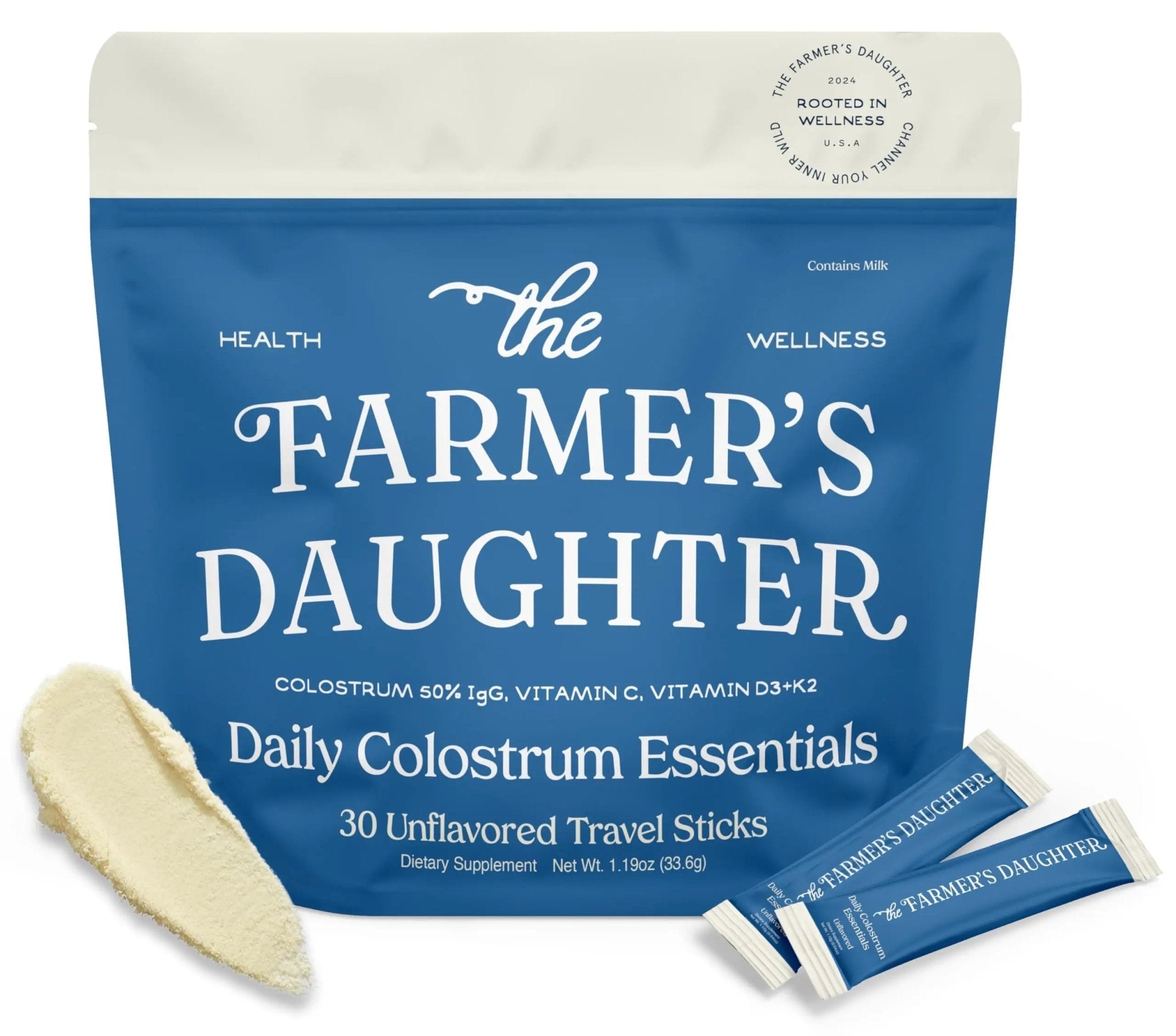 THE FARMER'S DAUGHTER Colostrum Powder | Unflavored | Gut Health & Bloating | Hair, Skin & Nails | Immunity Supplement | 30 Individual Travel Stick Packs - TrustMedUSA