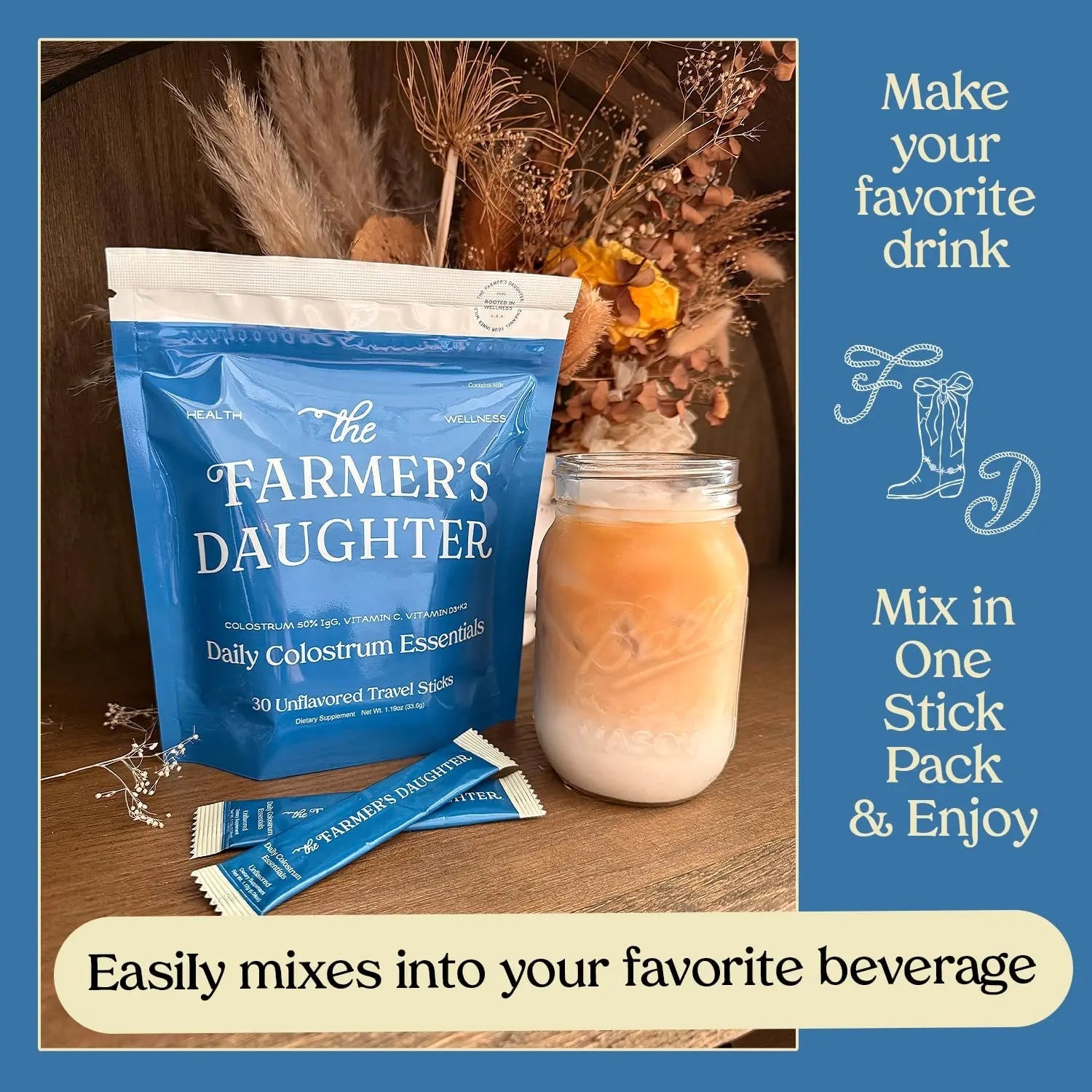 THE FARMER'S DAUGHTER Colostrum Powder | Unflavored | Gut Health & Bloating | Hair, Skin & Nails | Immunity Supplement | 30 Individual Travel Stick Packs - TrustMedUSA