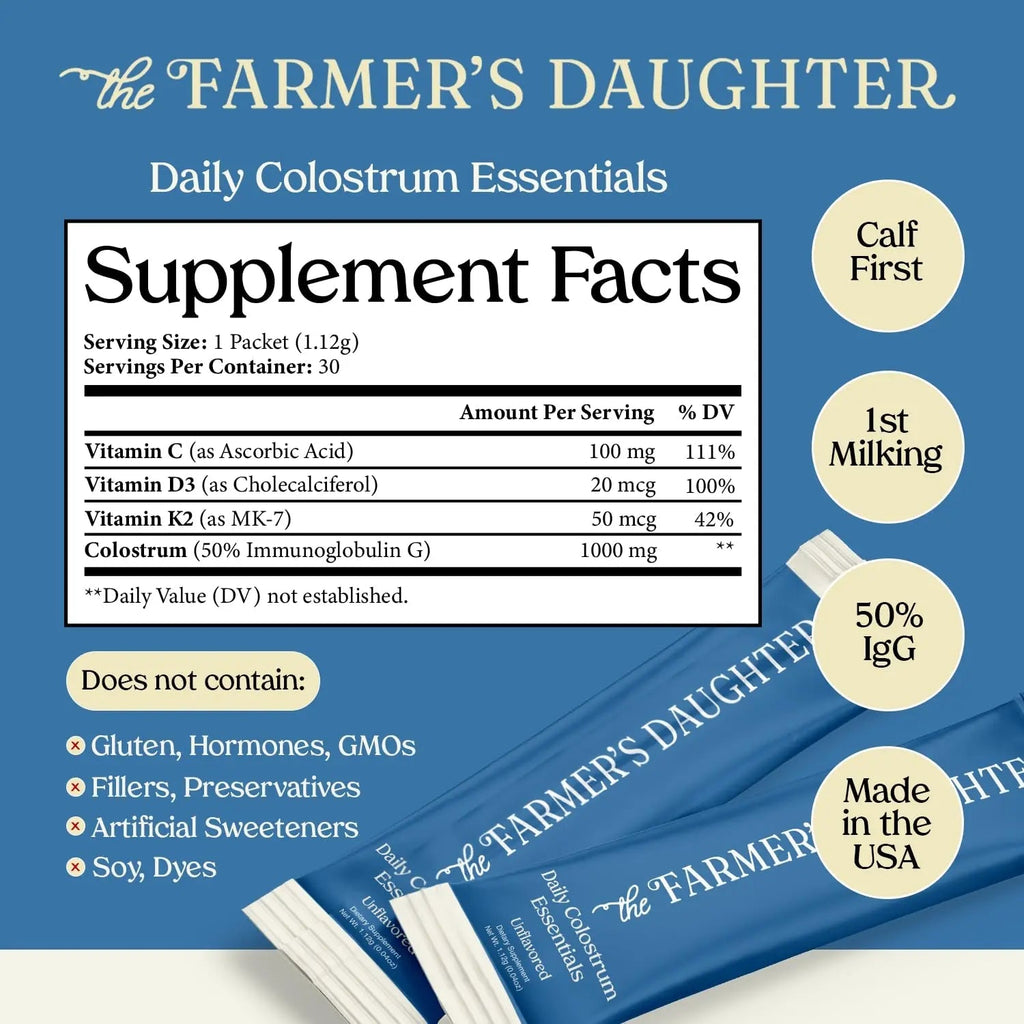 THE FARMER'S DAUGHTER Colostrum Powder | Unflavored | Gut Health & Bloating | Hair, Skin & Nails | Immunity Supplement | 30 Individual Travel Stick Packs - TrustMedUSA