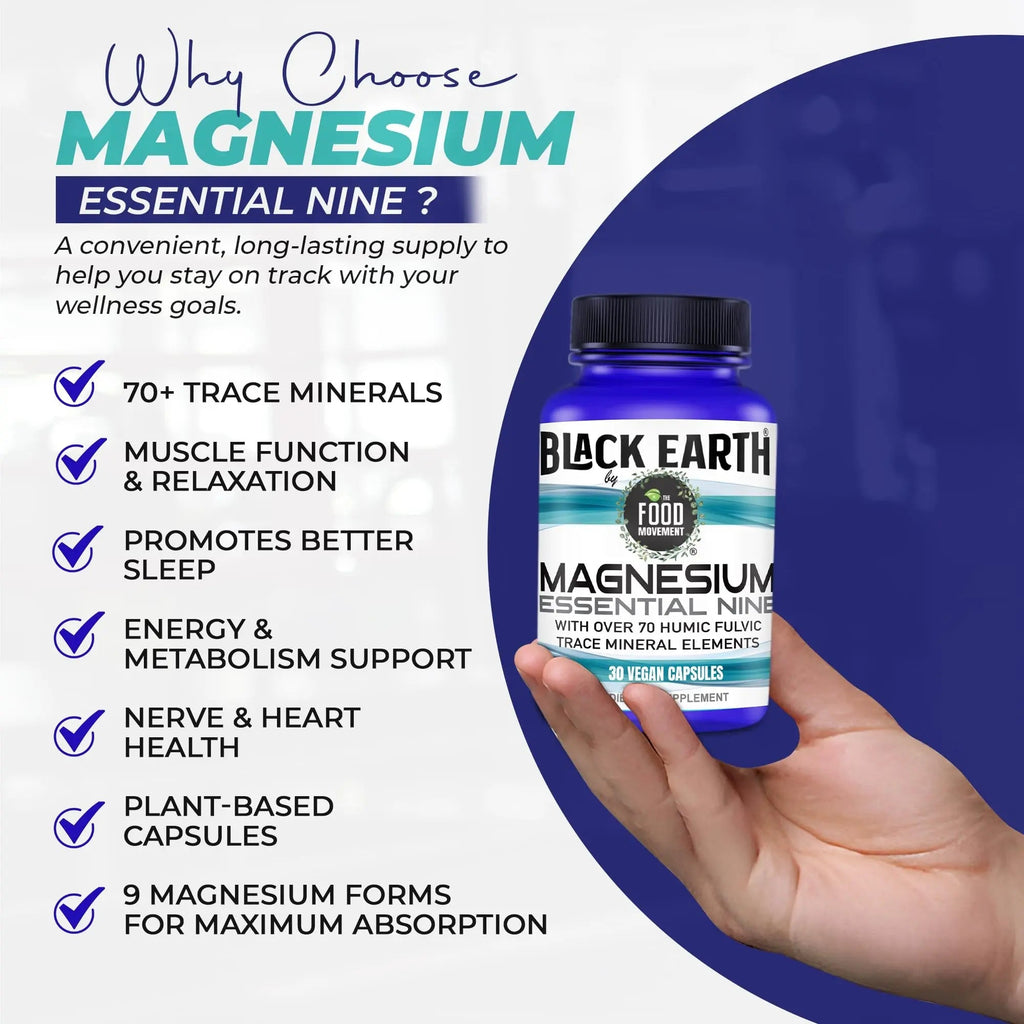 The Food Movement Co. Black Earth Magnesium Essential Nine - Vegan Capsules with Magnesium Glycinate, Citrate, Malate and More - 9 Bioactive Forms for Optimal Health (30 Count) - TrustMedUSA