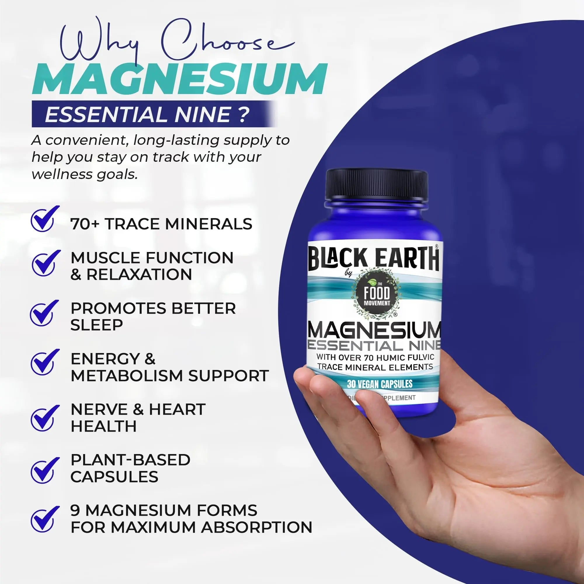 The Food Movement Co. Black Earth Magnesium Essential Nine - Vegan Capsules with Magnesium Glycinate, Citrate, Malate and More - 9 Bioactive Forms for Optimal Health (30 Count) - TrustMedUSA