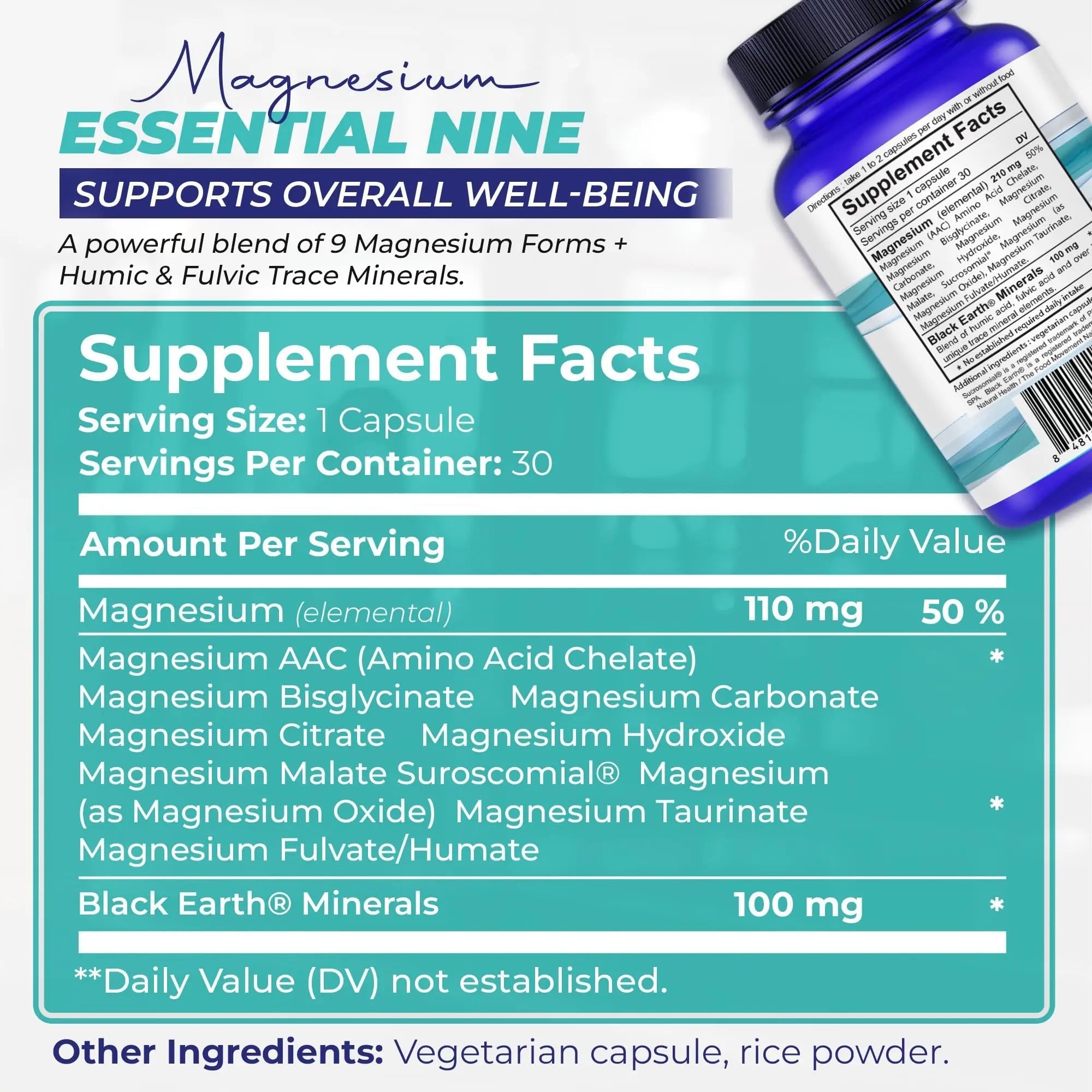 The Food Movement Co. Black Earth Magnesium Essential Nine - Vegan Capsules with Magnesium Glycinate, Citrate, Malate and More - 9 Bioactive Forms for Optimal Health (30 Count) - TrustMedUSA