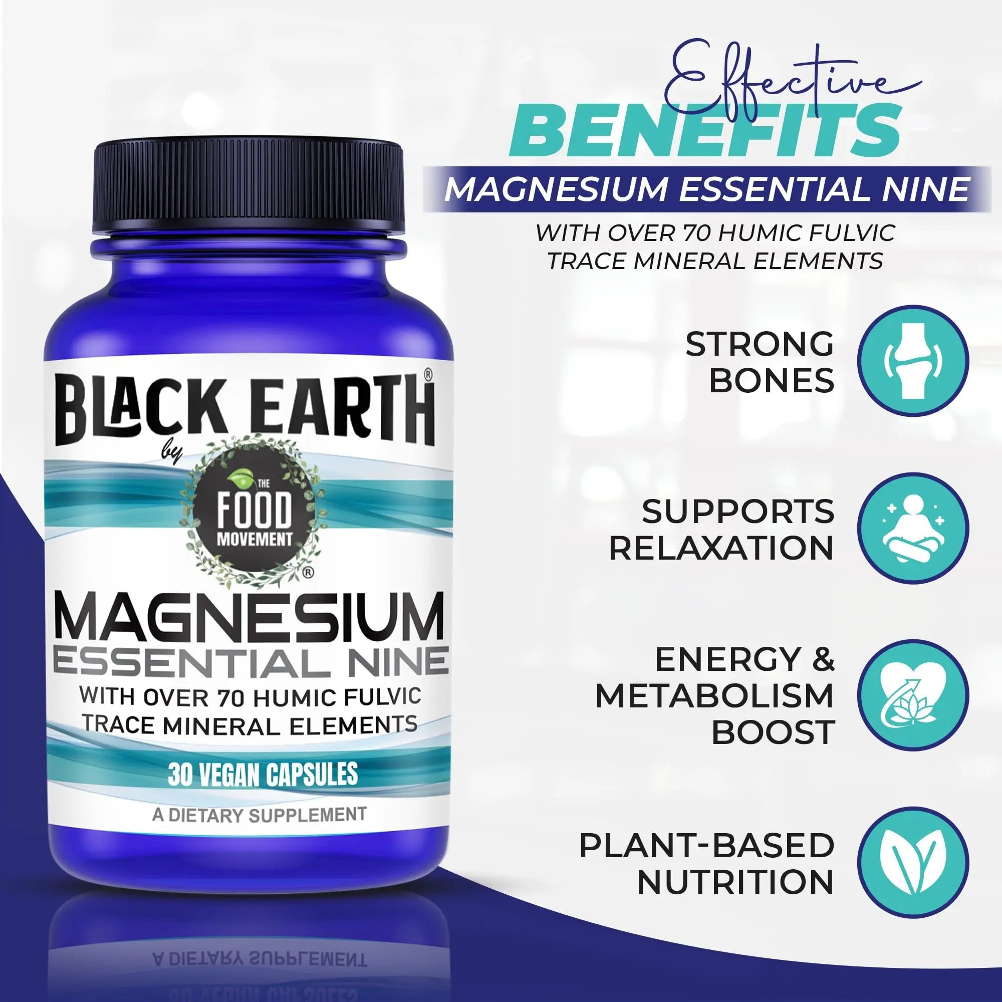 The Food Movement Co. Black Earth Magnesium Essential Nine - Vegan Capsules with Magnesium Glycinate, Citrate, Malate and More - 9 Bioactive Forms for Optimal Health (30 Count) - TrustMedUSA