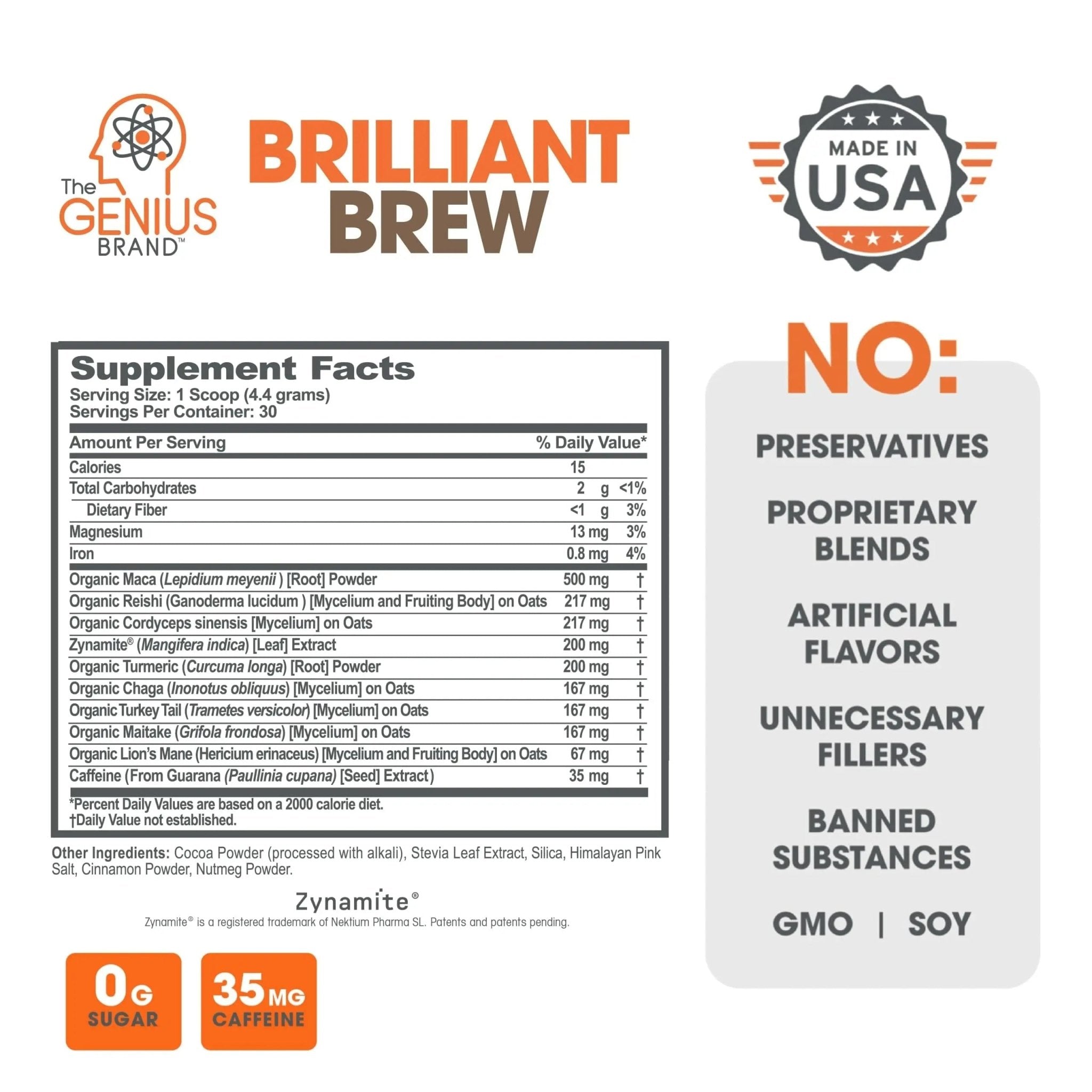 The Genius Brand Genius Brilliant Brew - Natural Coffee Substitute for Clear Thinking, Energy & Immune Support - No Crash or Jitters - Powered by Nootropics - Non-GMO - 30 Servings - Sweet Cocoa - TrustMedUSA