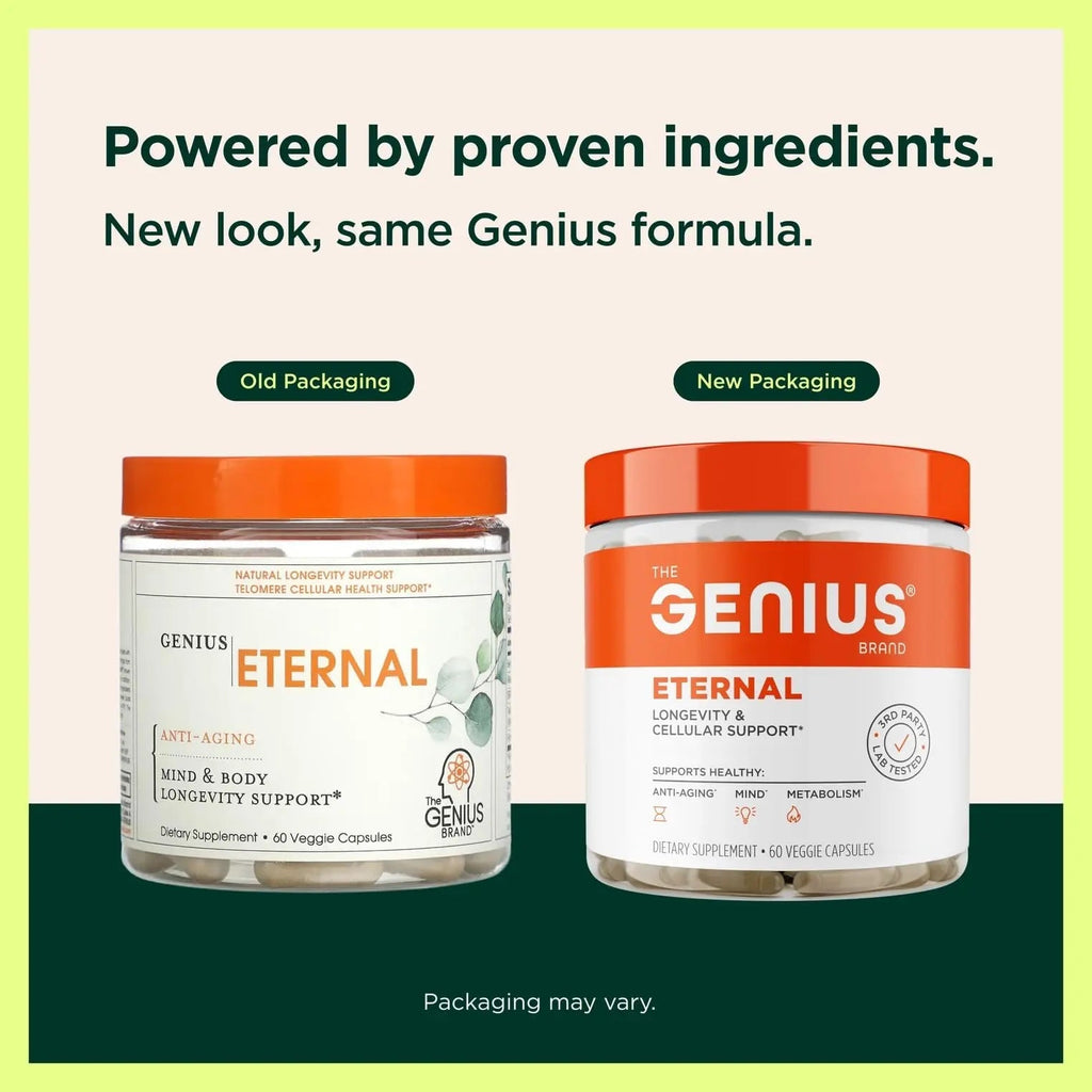 The Genius Brand Genius Eternal - Cellular Repair Supplement for Daily Clarity - Supports Brain Health, Endurance, Energy, Focus, Memory & Vitality - Non-GMO - 60 Veggie Capsules - TrustMedUSA