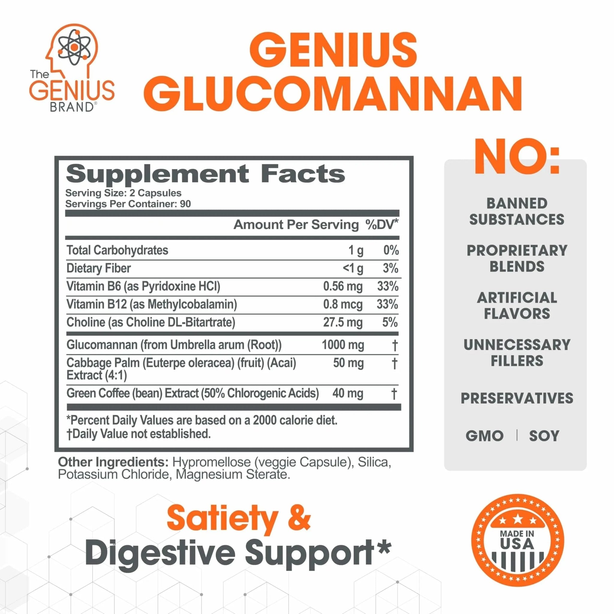 The Genius Brand Genius Glucomannan - Glucomannan Capsules for Digestive Health, Energy & Satiety Support - Natural Fiber for Stomach Comfort - Non-GMO & Vegan - 180 Veggie Capsules - TrustMedUSA
