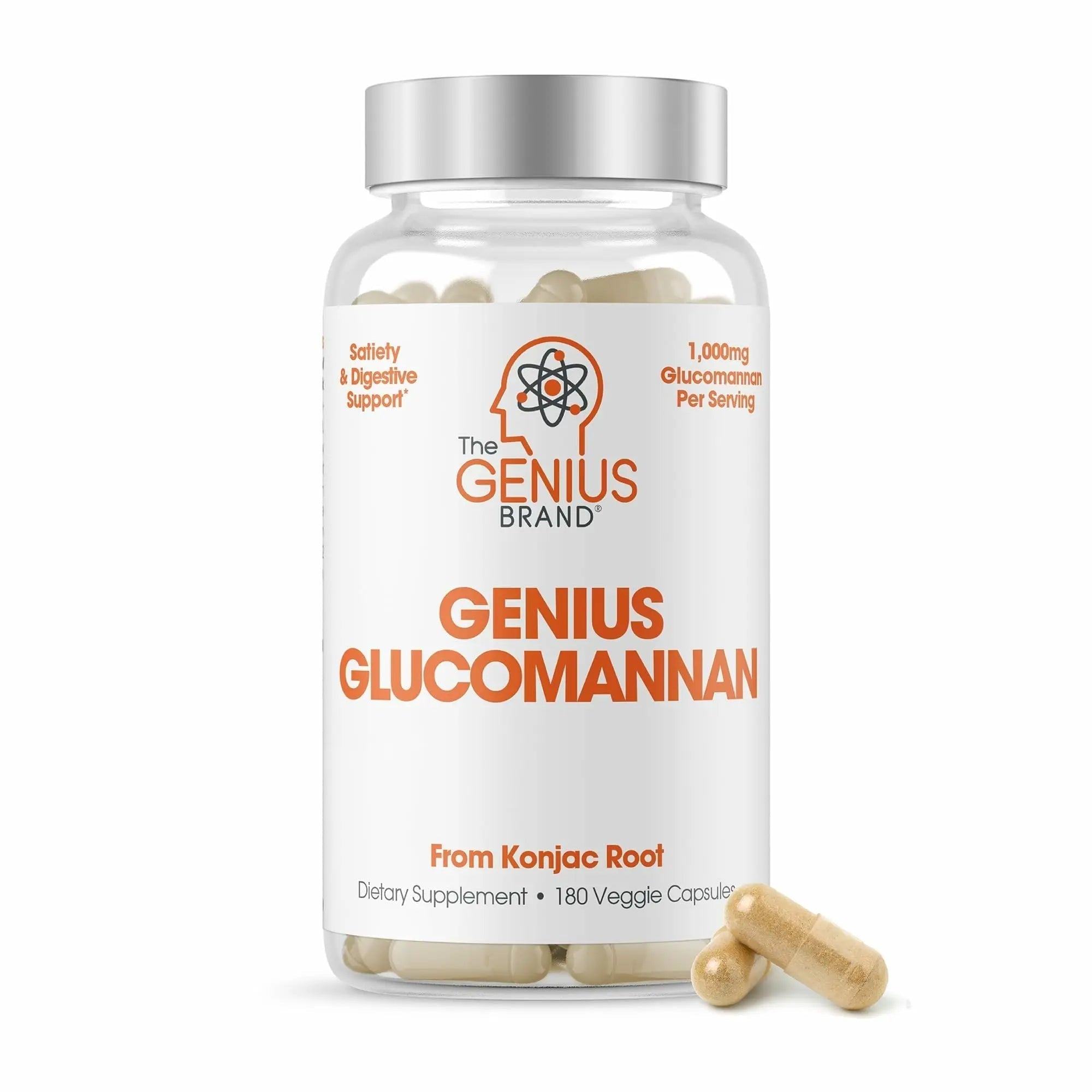 The Genius Brand Genius Glucomannan - Glucomannan Capsules for Digestive Health, Energy & Satiety Support - Natural Fiber for Stomach Comfort - Non-GMO & Vegan - 180 Veggie Capsules - TrustMedUSA