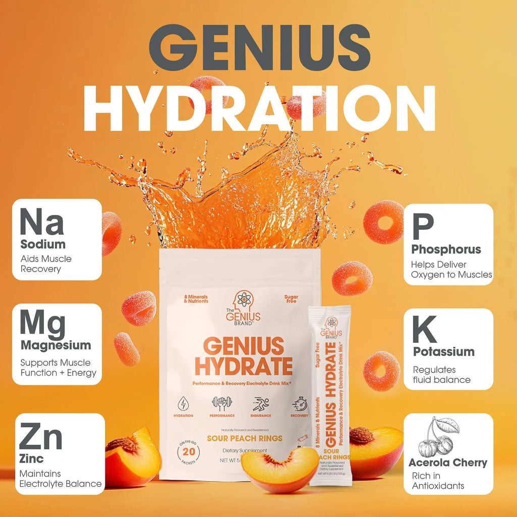 The Genius Brand Genius Hydrate - Electrolyte Supplement for Daily Hydration - Coconut Water - Sugar-Free - 8 Essential Minerals & Nutrients - Non-GMO - Sour Peach Rings - 20 Servings - TrustMedUSA