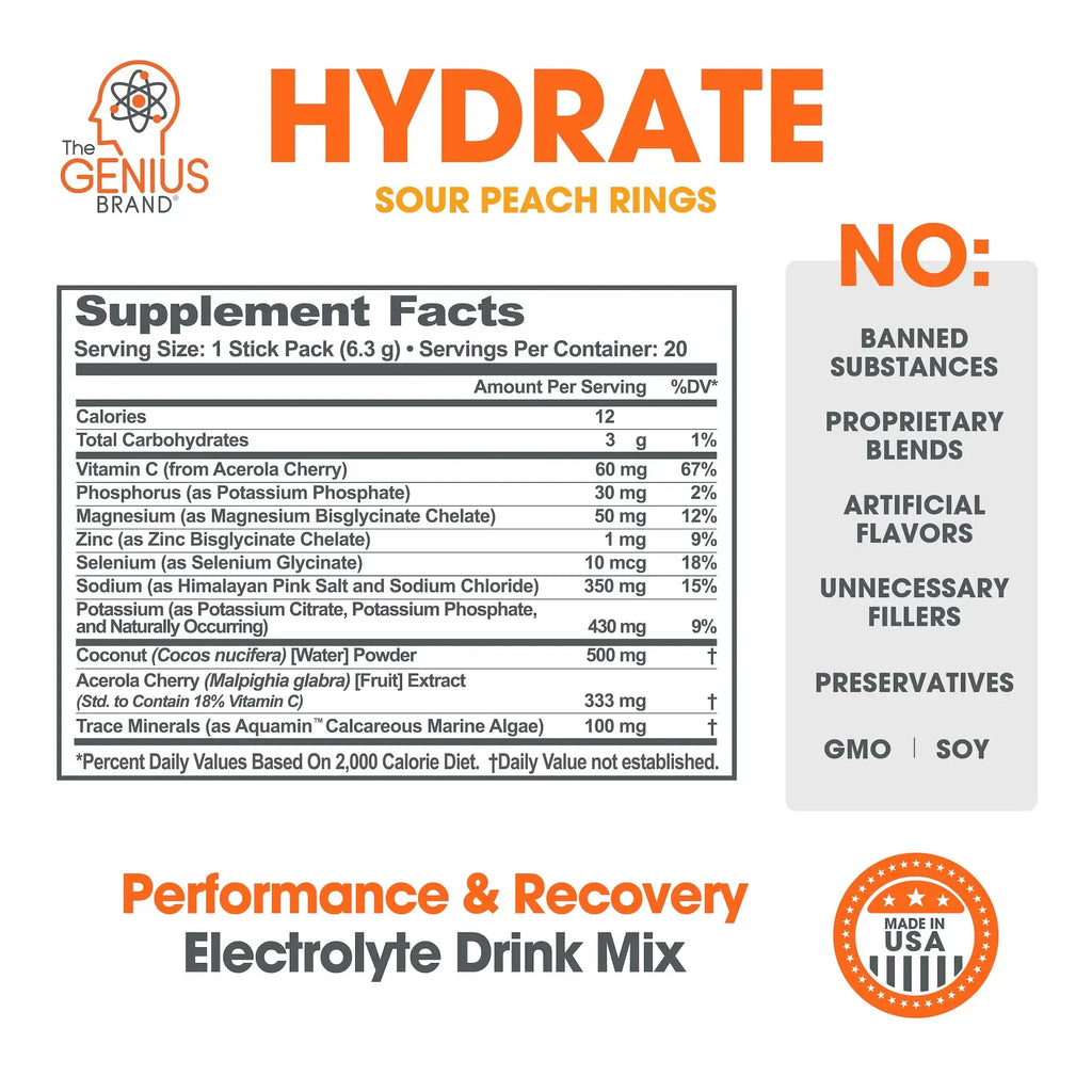 The Genius Brand Genius Hydrate - Electrolyte Supplement for Daily Hydration - Coconut Water - Sugar-Free - 8 Essential Minerals & Nutrients - Non-GMO - Sour Peach Rings - 20 Servings - TrustMedUSA