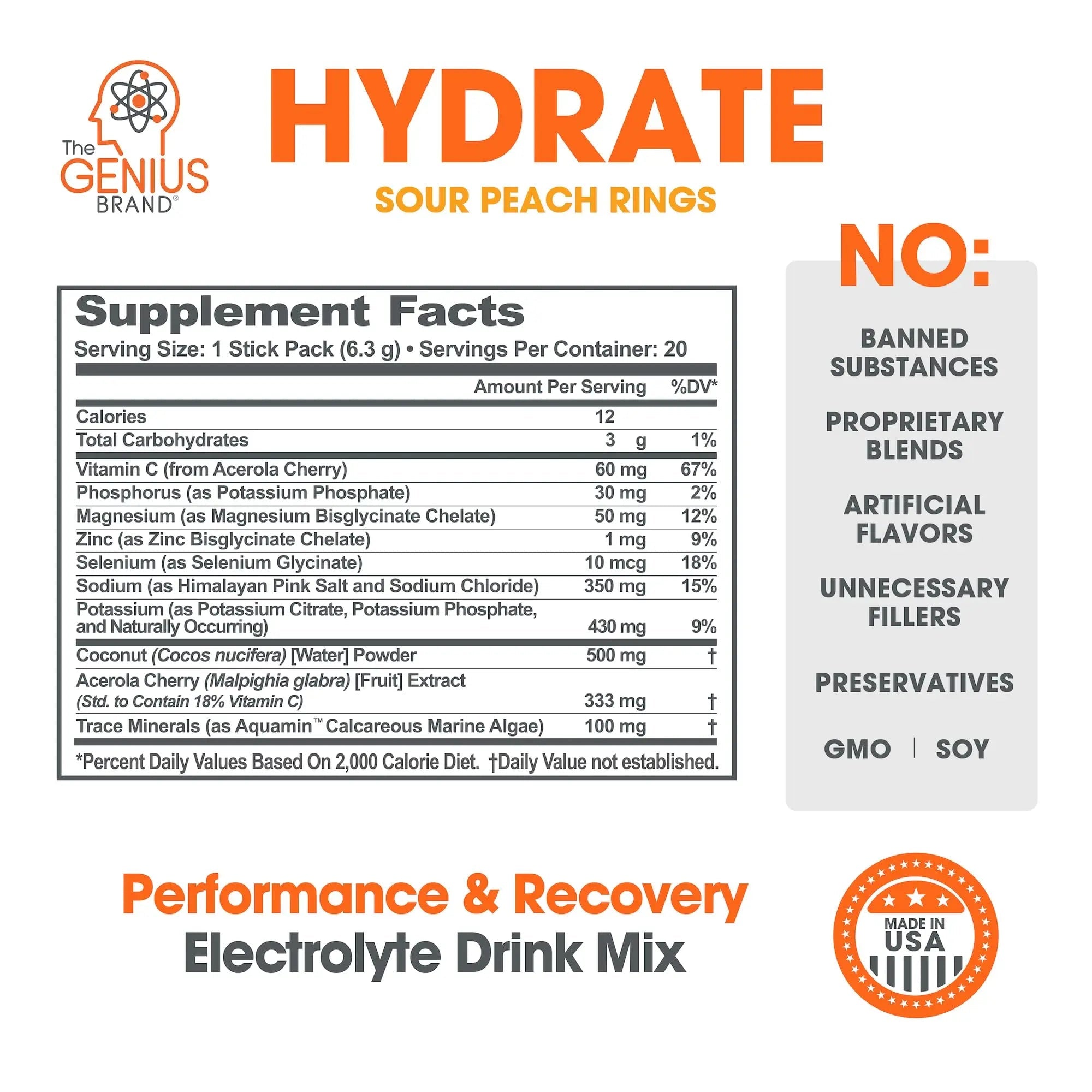 The Genius Brand Genius Hydrate - Electrolyte Supplement for Daily Hydration - Coconut Water - Sugar-Free - 8 Essential Minerals & Nutrients - Non-GMO - Sour Peach Rings - 20 Servings - TrustMedUSA