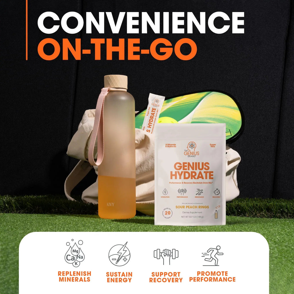 The Genius Brand Genius Hydrate - Electrolyte Supplement for Daily Hydration - Coconut Water - Sugar-Free - 8 Essential Minerals & Nutrients - Non-GMO - Sour Peach Rings - 20 Servings - TrustMedUSA