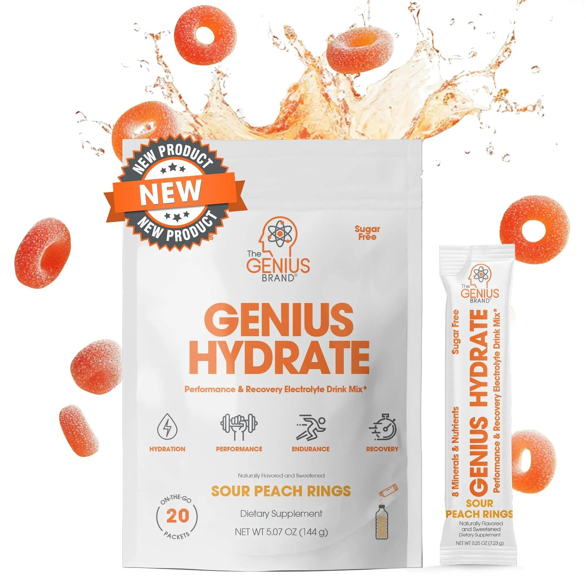 The Genius Brand Genius Hydrate - Electrolyte Supplement for Daily Hydration - Coconut Water - Sugar-Free - 8 Essential Minerals & Nutrients - Non-GMO - Sour Peach Rings - 20 Servings - TrustMedUSA