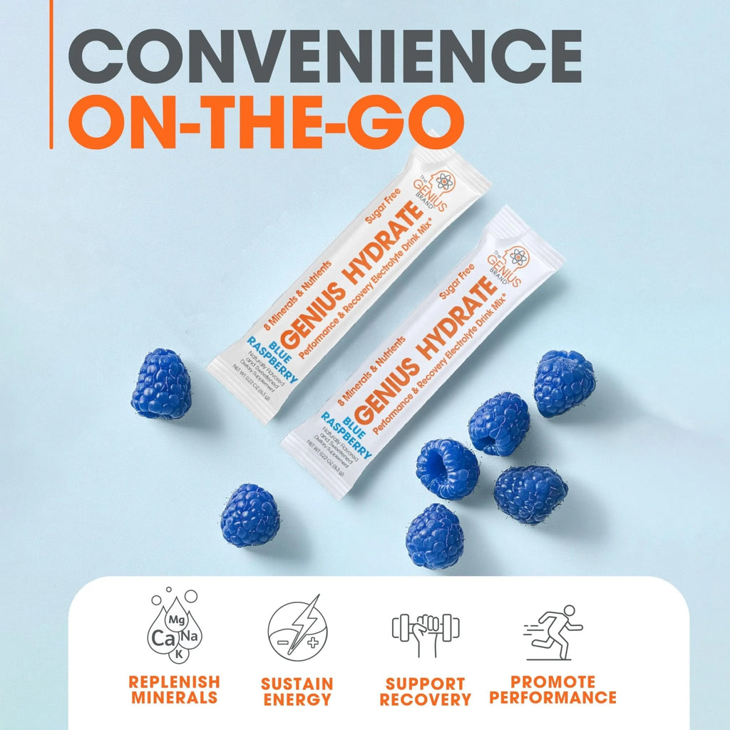 The Genius Brand - Genius Hydrate Stick Pack Powder Drink Mix – Blue Raspberry Flavor, Natural Electrolyte Booster with Coconut Water & Potassium for Ultimate Hydration - 20 Packets - TrustMedUSA