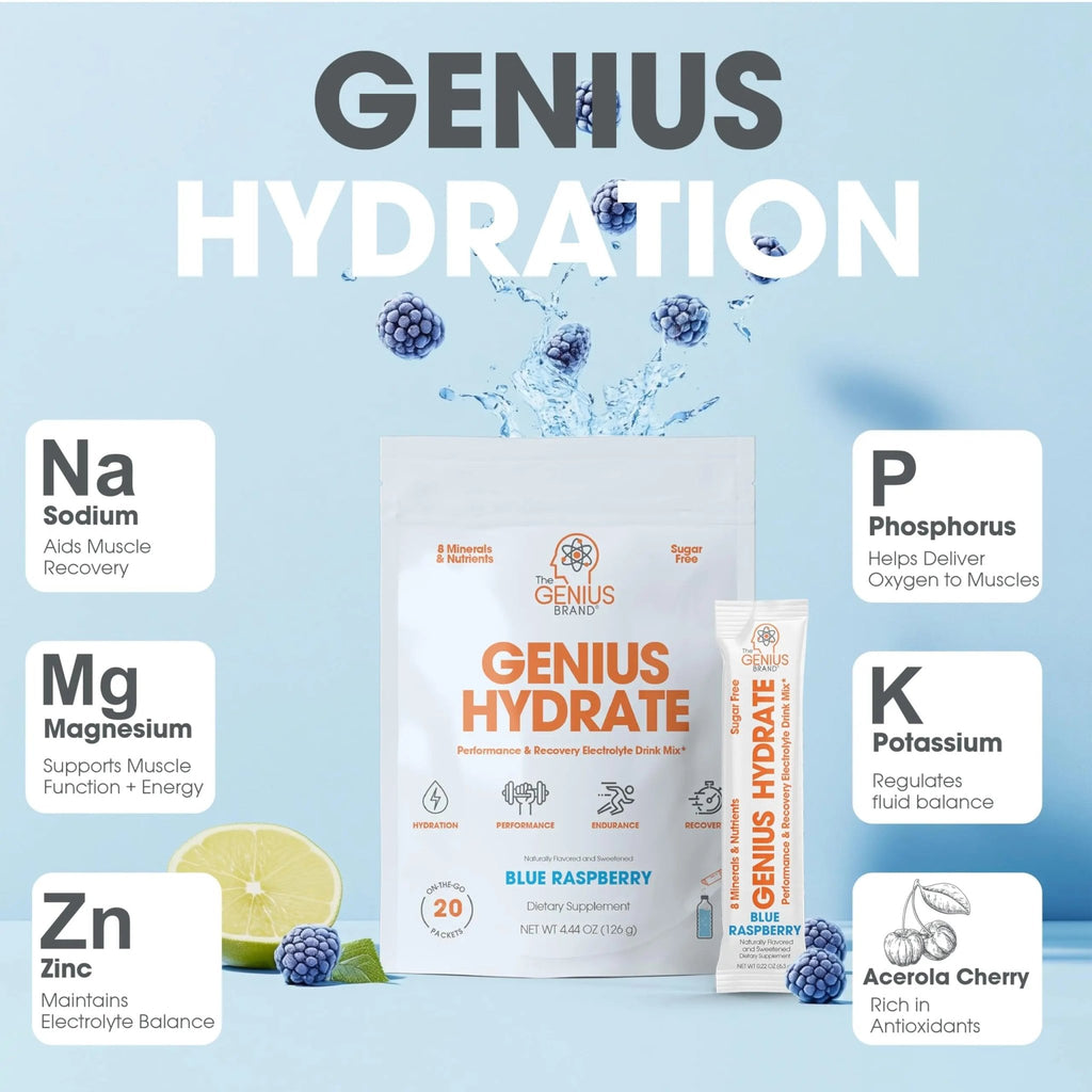 The Genius Brand - Genius Hydrate Stick Pack Powder Drink Mix – Blue Raspberry Flavor, Natural Electrolyte Booster with Coconut Water & Potassium for Ultimate Hydration - 20 Packets - TrustMedUSA