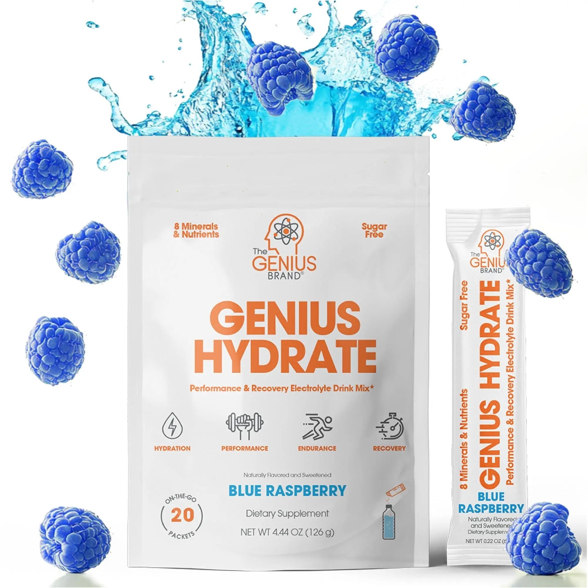 The Genius Brand - Genius Hydrate Stick Pack Powder Drink Mix – Blue Raspberry Flavor, Natural Electrolyte Booster with Coconut Water & Potassium for Ultimate Hydration - 20 Packets - TrustMedUSA