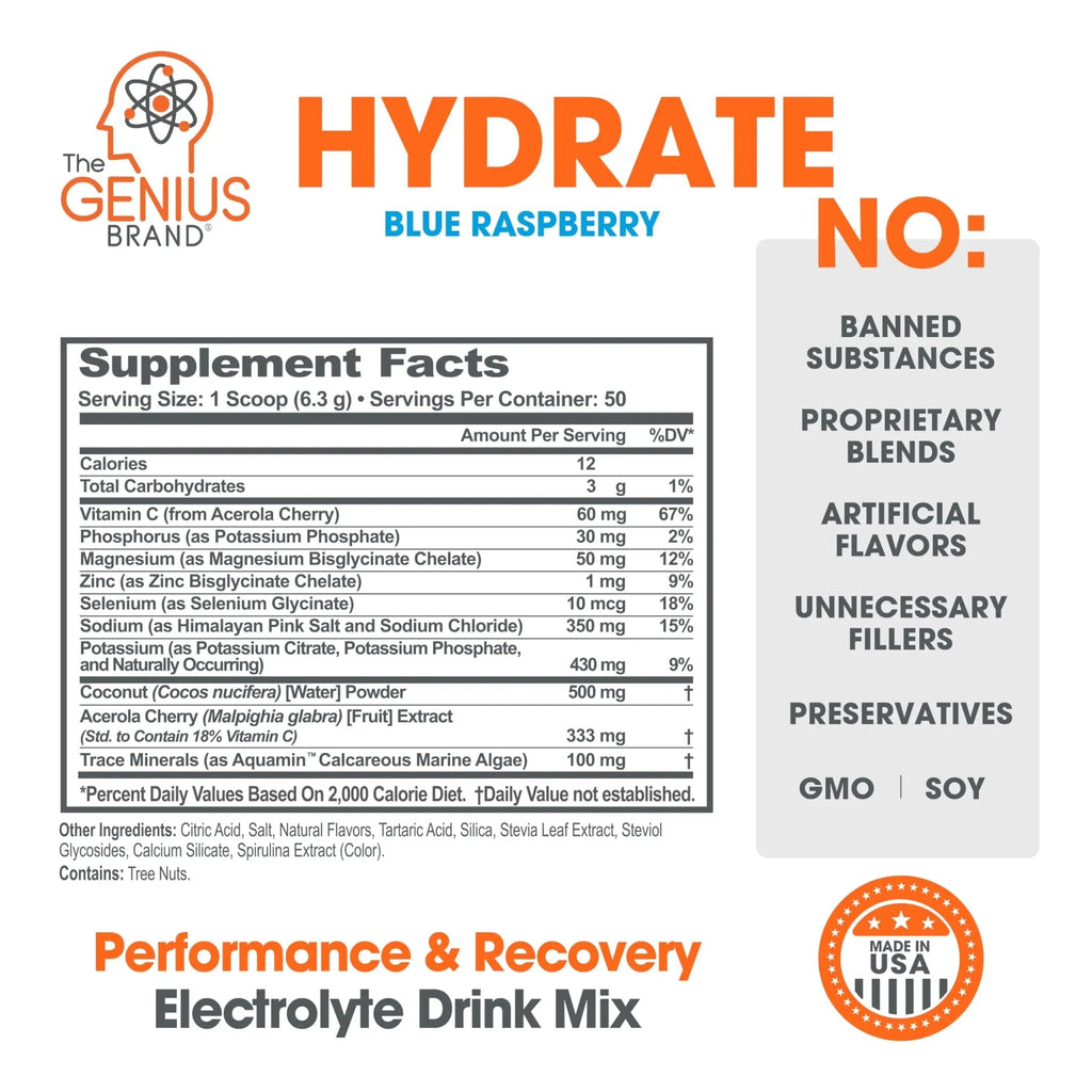 The Genius Brand - Genius Hydrate Stick Pack Powder Drink Mix – Blue Raspberry Flavor, Natural Electrolyte Booster with Coconut Water & Potassium for Ultimate Hydration - 20 Packets - TrustMedUSA