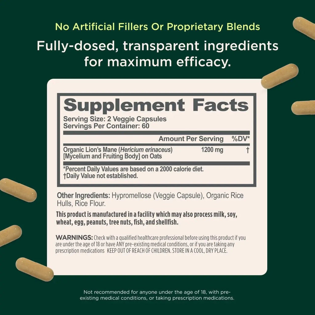 The Genius Brand Genius Lion's Mane - Plant-Based Supplement for Memory, Focus & Mood Support - Organic & Non-GMO - 120 Veggie Capsules - TrustMedUSA